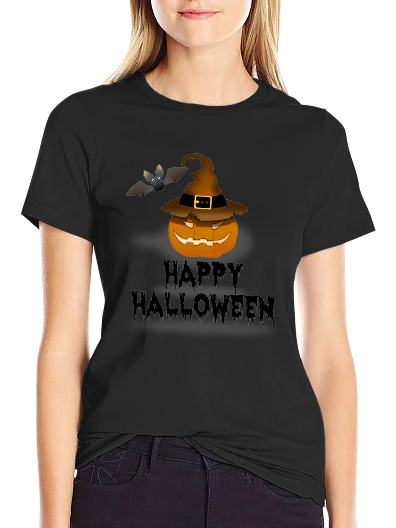 Happy Halloween Pumpkin Bat Graphic T-Shirt