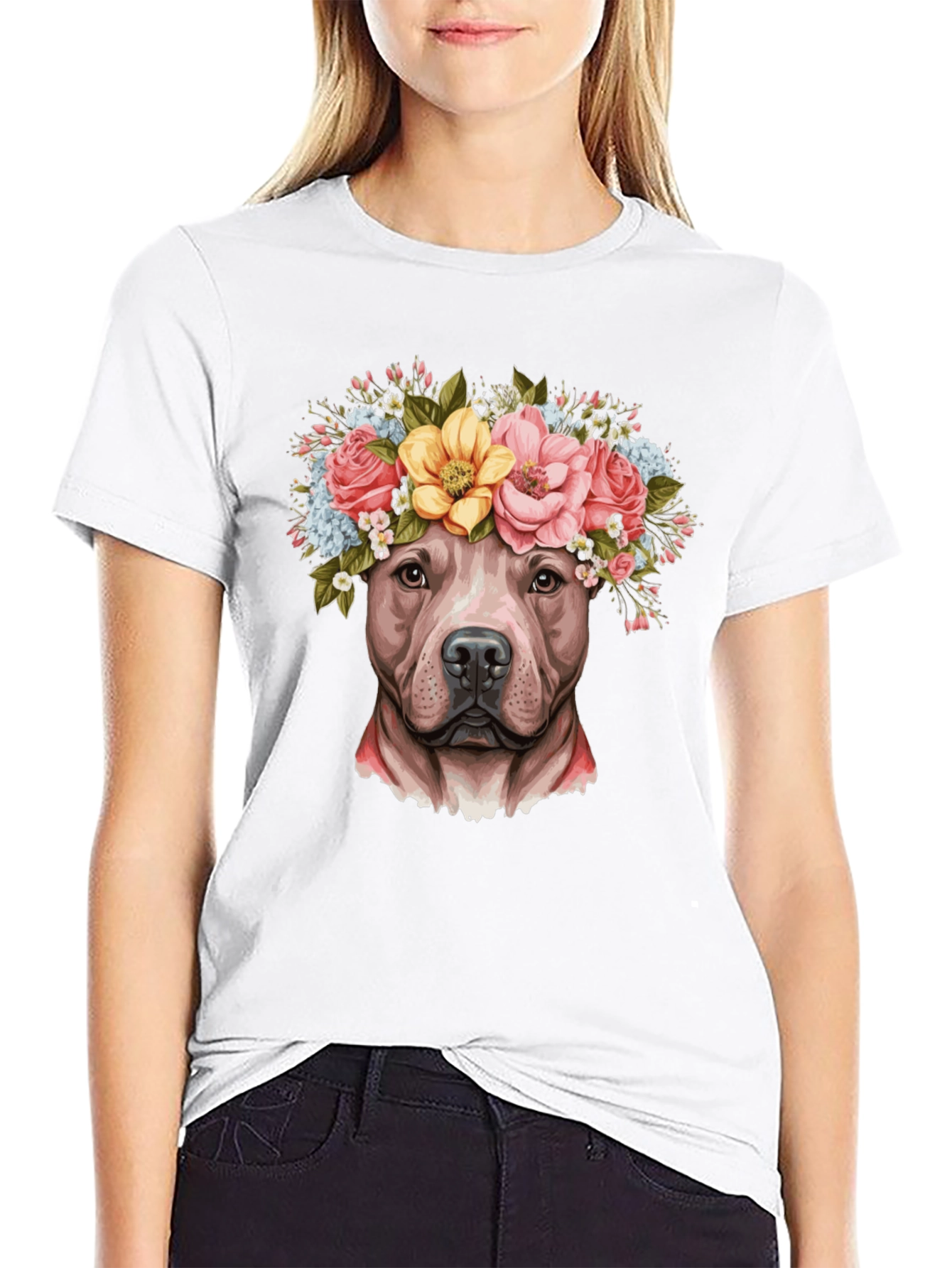 Pitbull Dog with Flower Crown T-Shirt