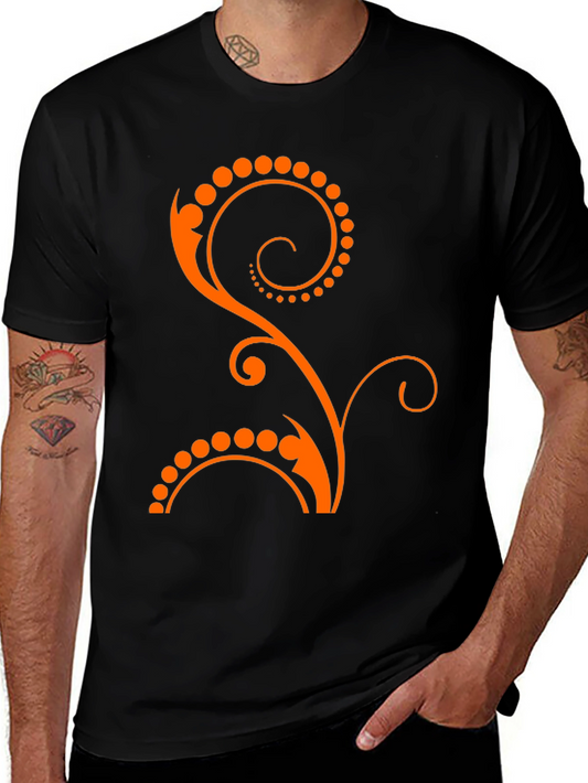 Trendy Black Tee with Orange Floral Swirl Design