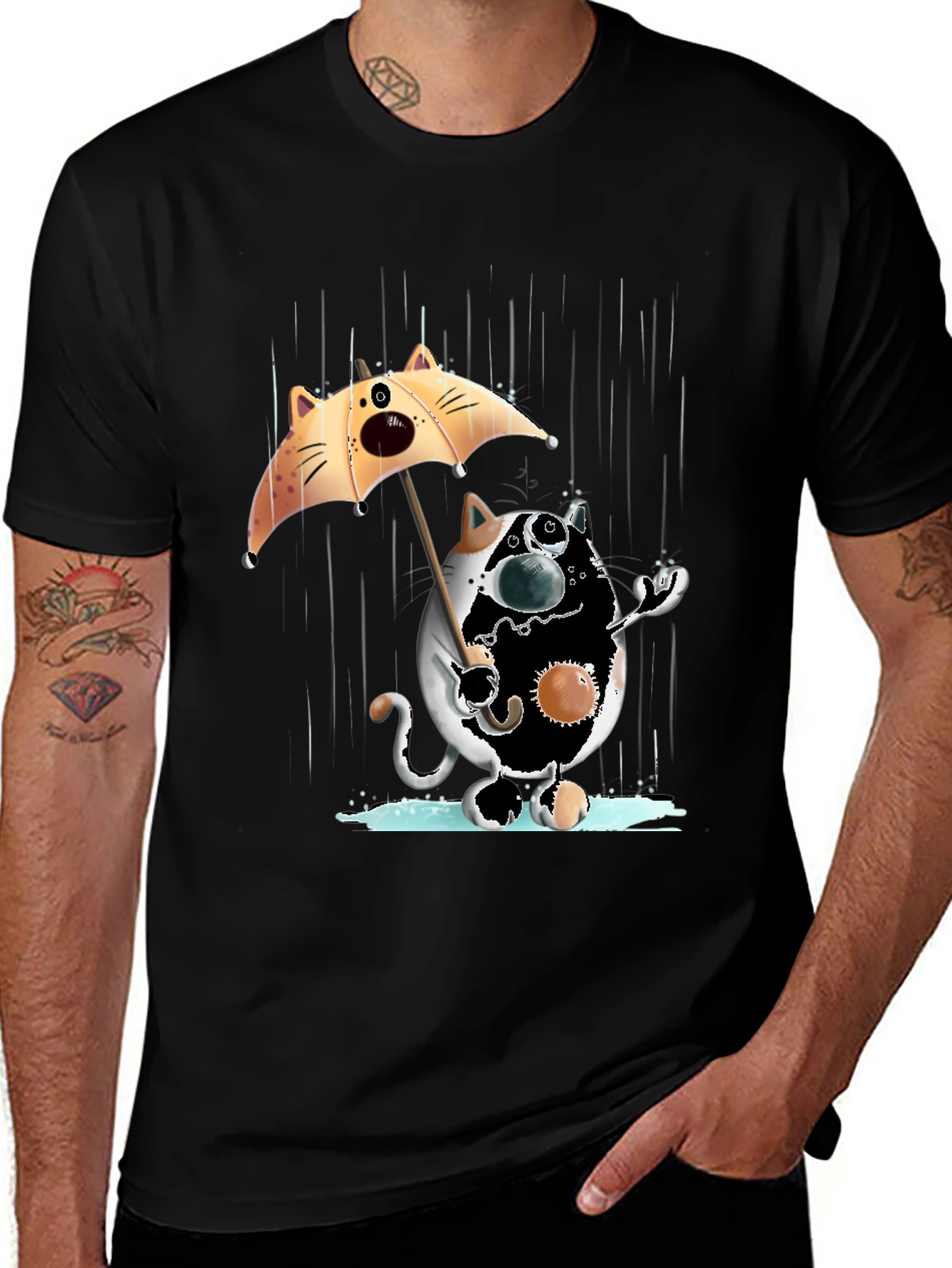 Funny Cat in Rain Graphic T-Shirt