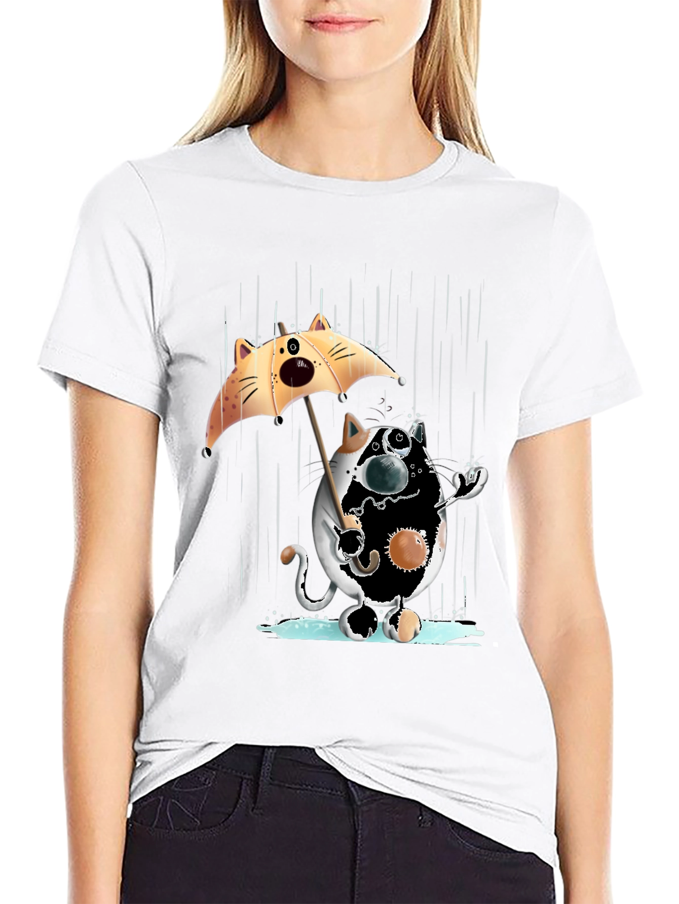 Funny Cat in Rain Graphic T-Shirt