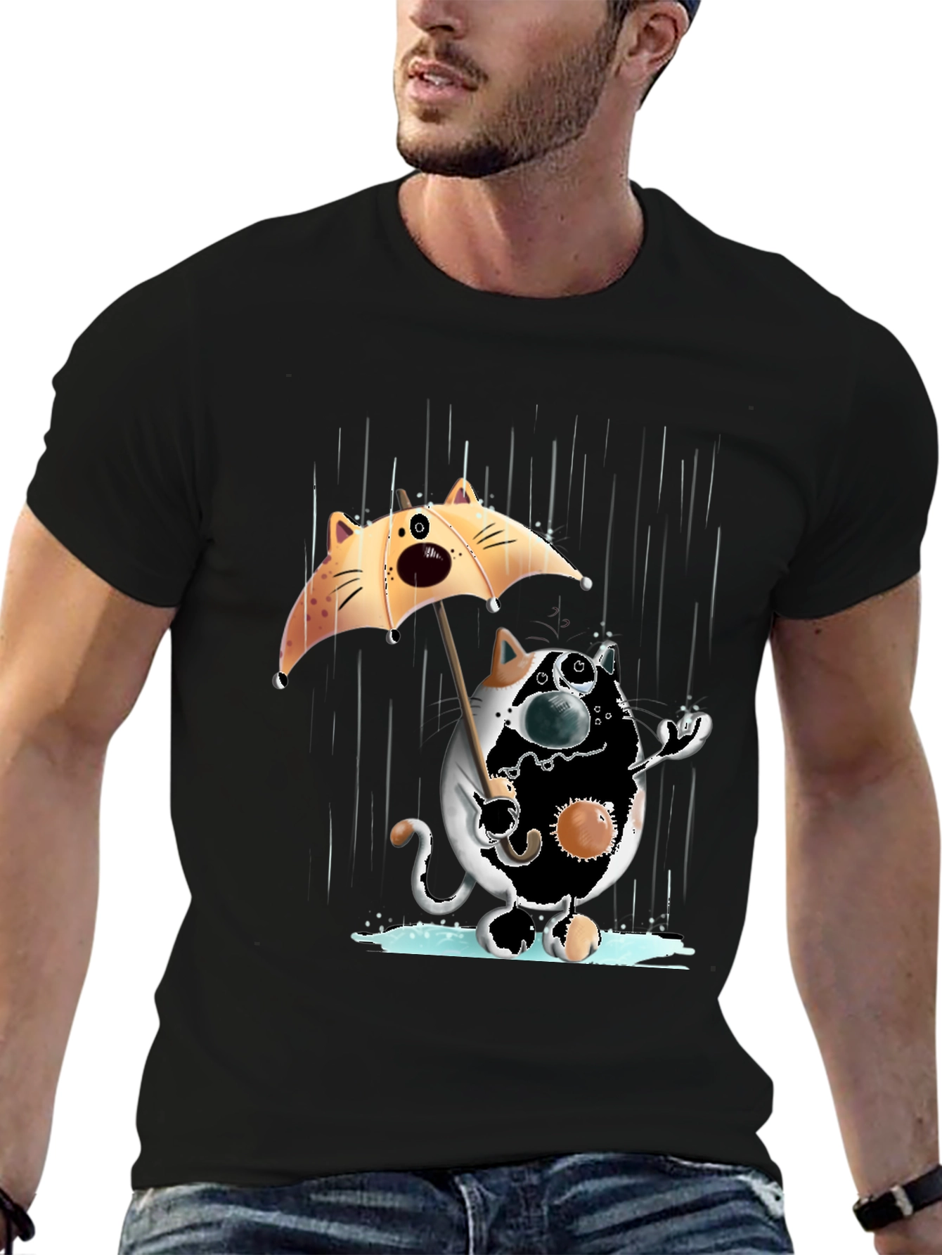 Funny Cat in Rain Graphic T-Shirt