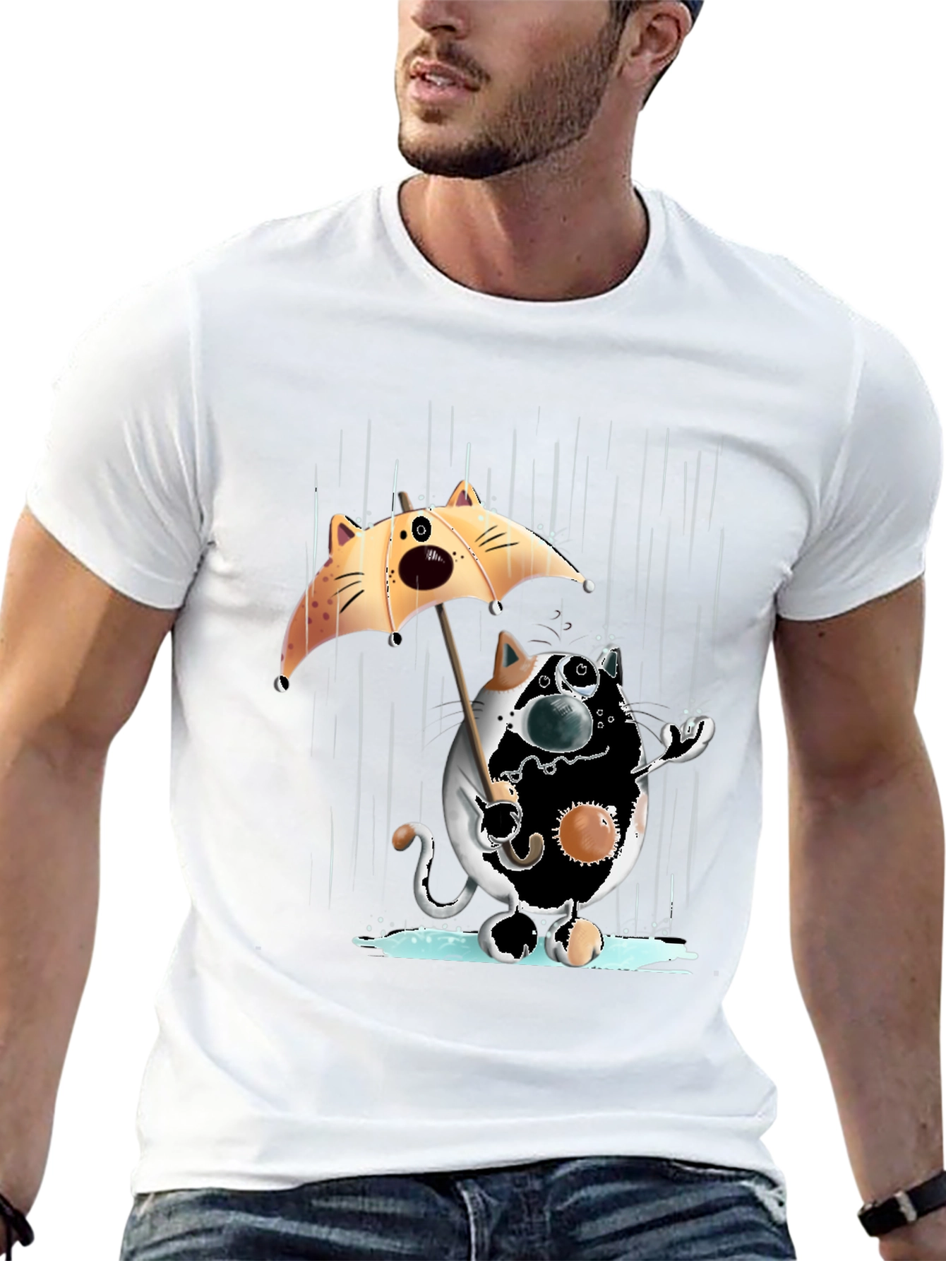 Funny Cat in Rain Graphic T-Shirt