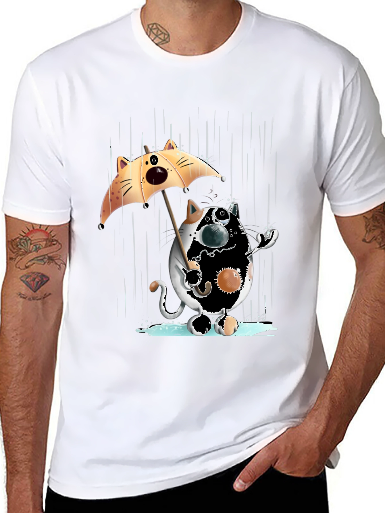 Funny Cat in Rain Graphic T-Shirt