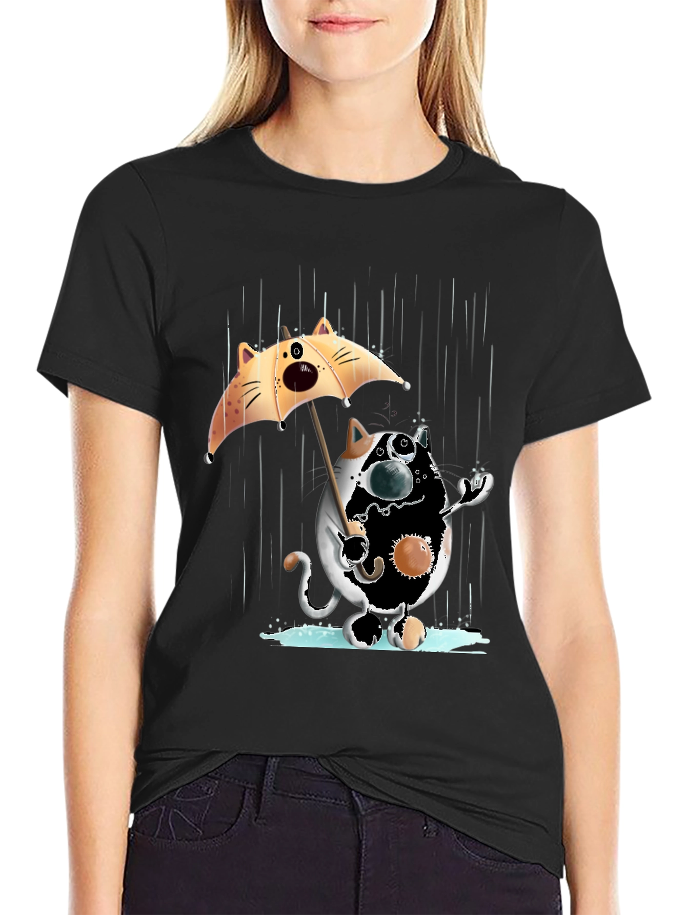 Funny Cat in Rain Graphic T-Shirt