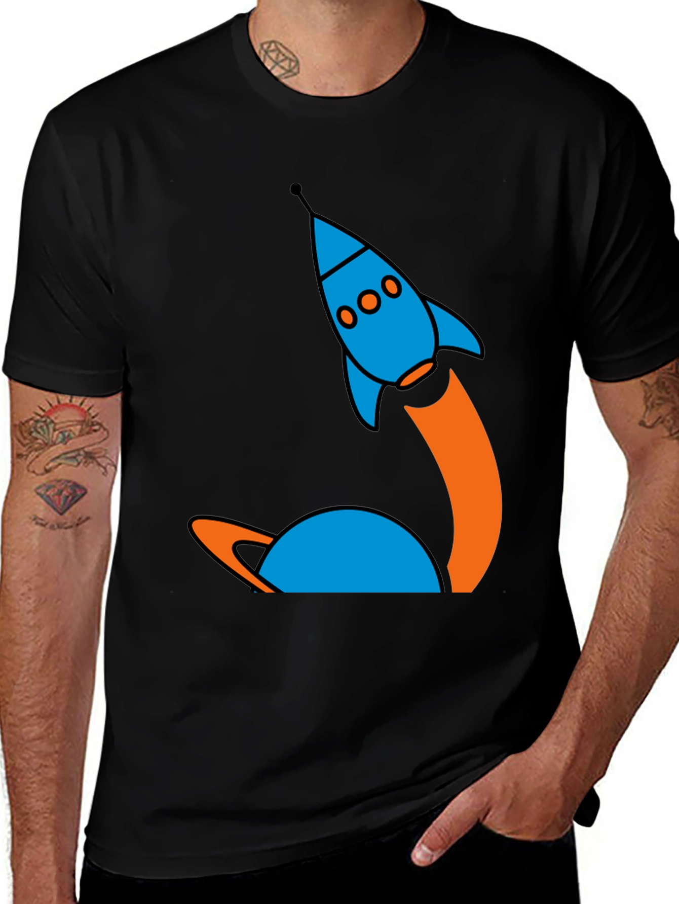 Retro Rocket Launch Graphic Tee - Black Cotton