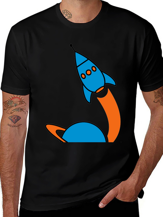 Retro Rocket Launch Graphic Tee - Black Cotton