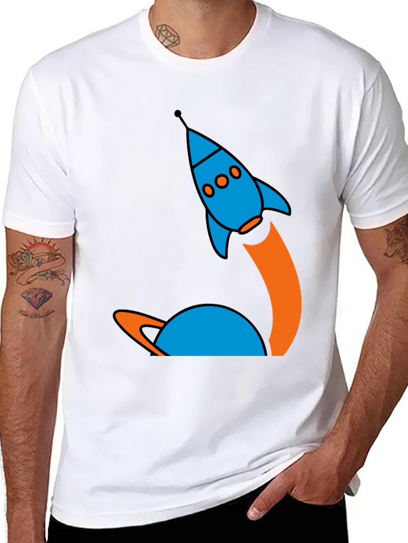 Retro Rocket Launch Graphic Tee - Black Cotton