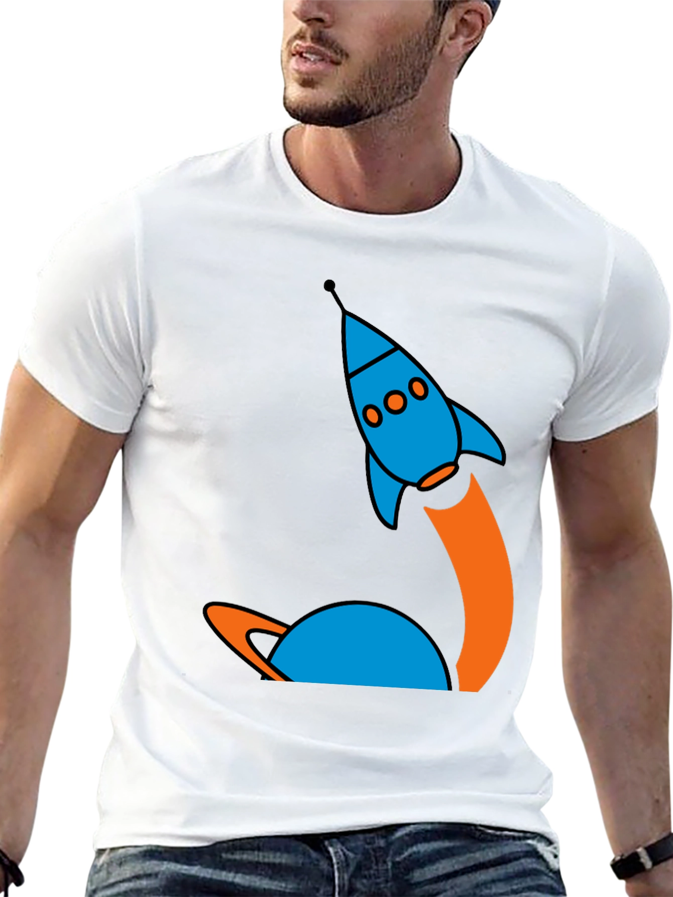 Retro Rocket Launch Graphic Tee - Black Cotton