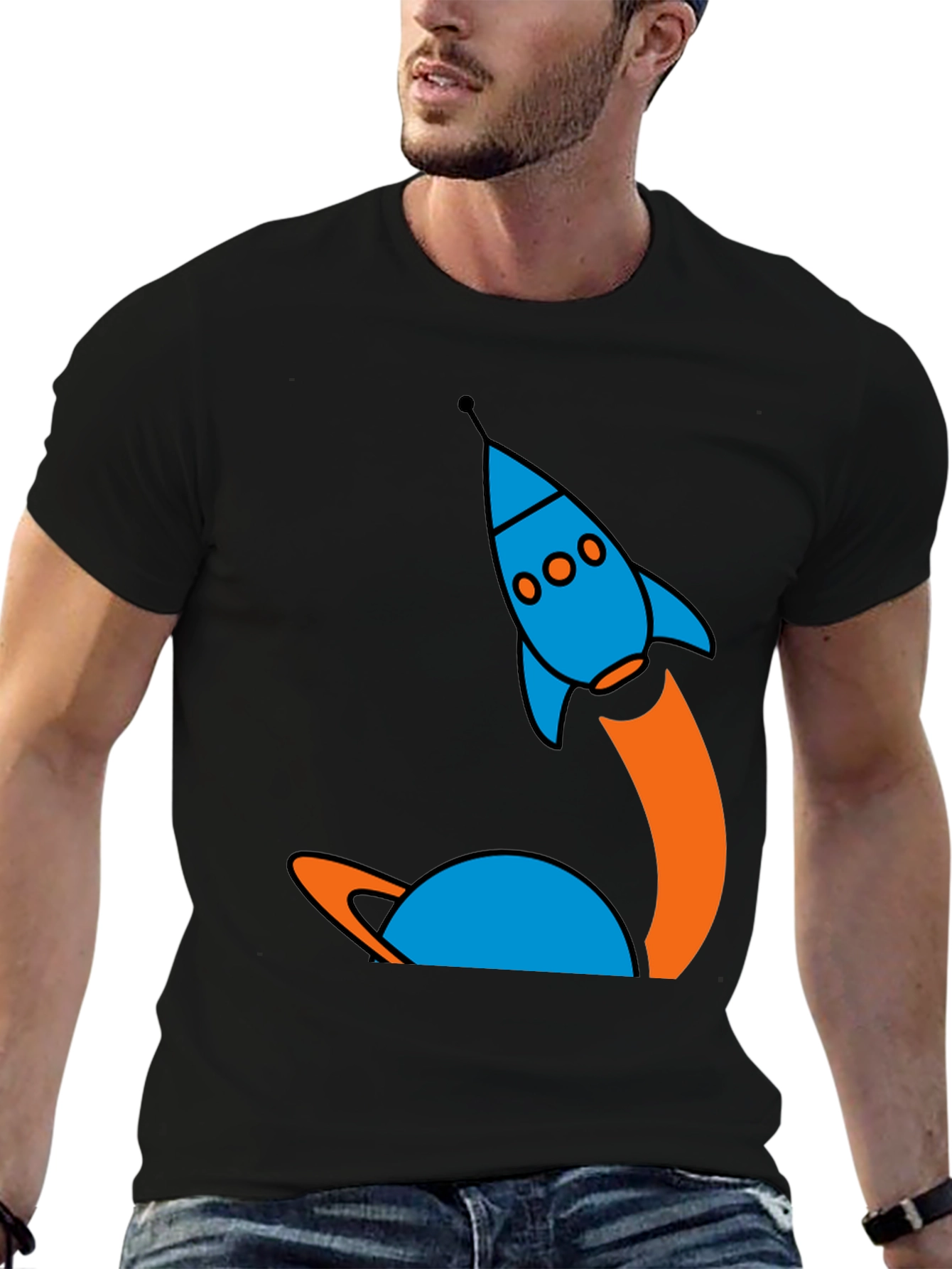 Retro Rocket Launch Graphic Tee - Black Cotton