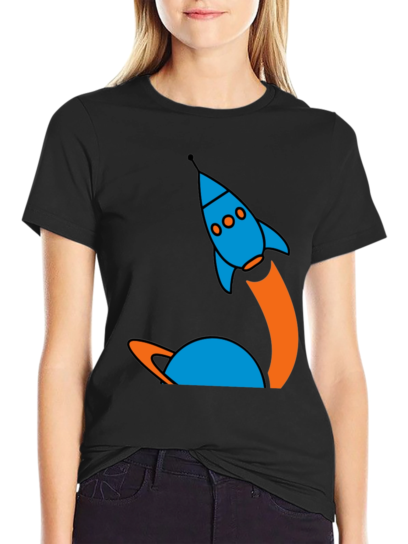 Retro Rocket Launch Graphic Tee - Black Cotton