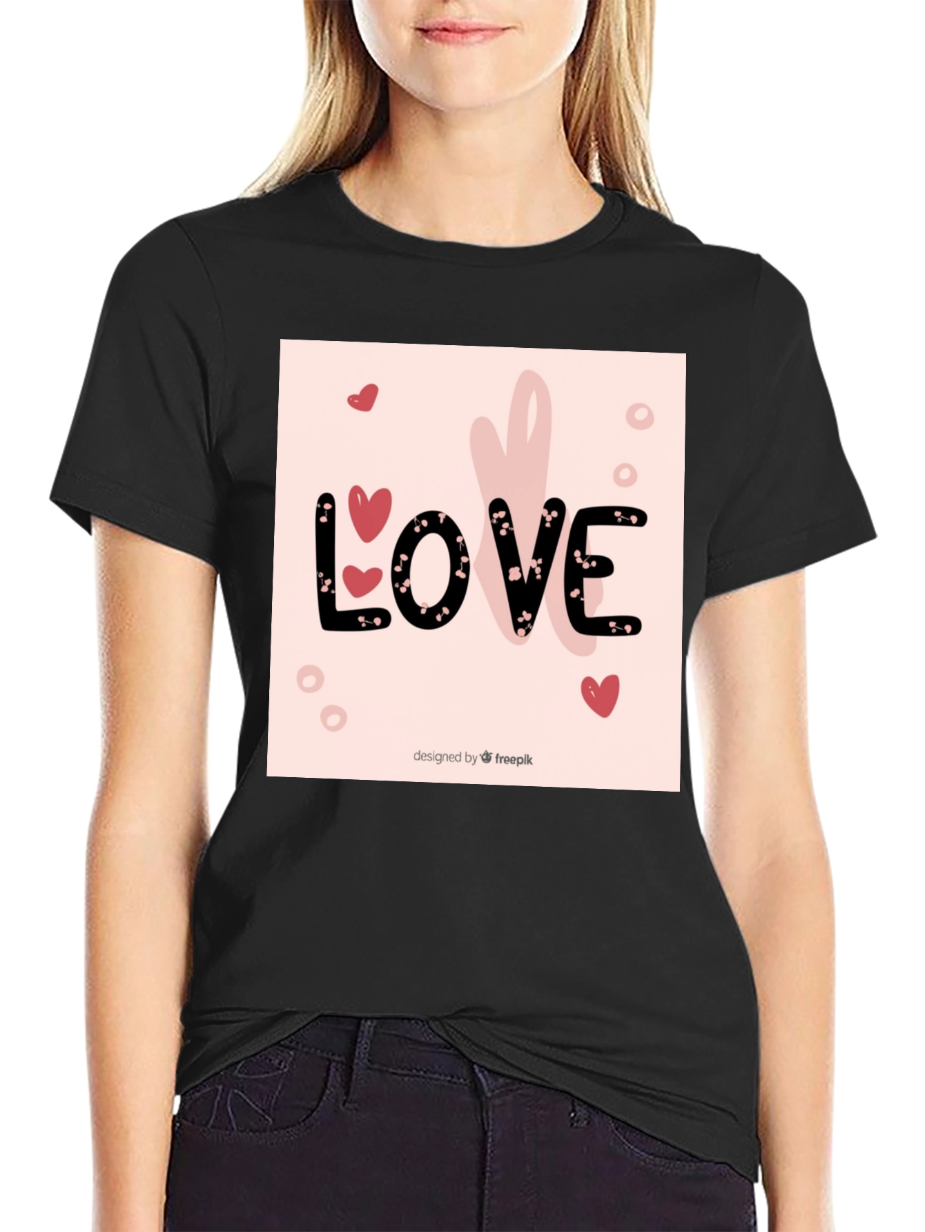 Love Heart Design Black Cotton T-Shirt
