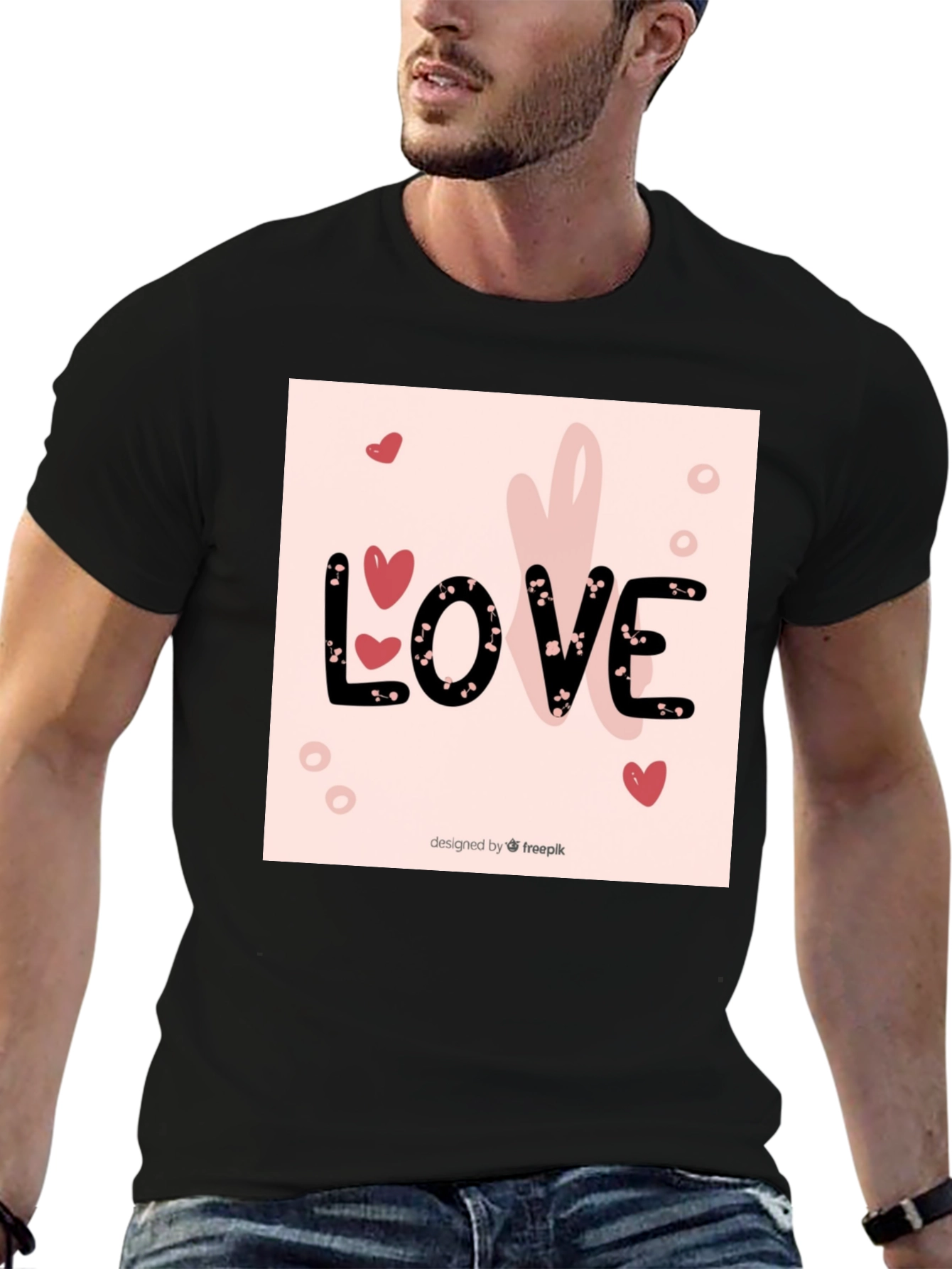 Love Heart Design Black Cotton T-Shirt