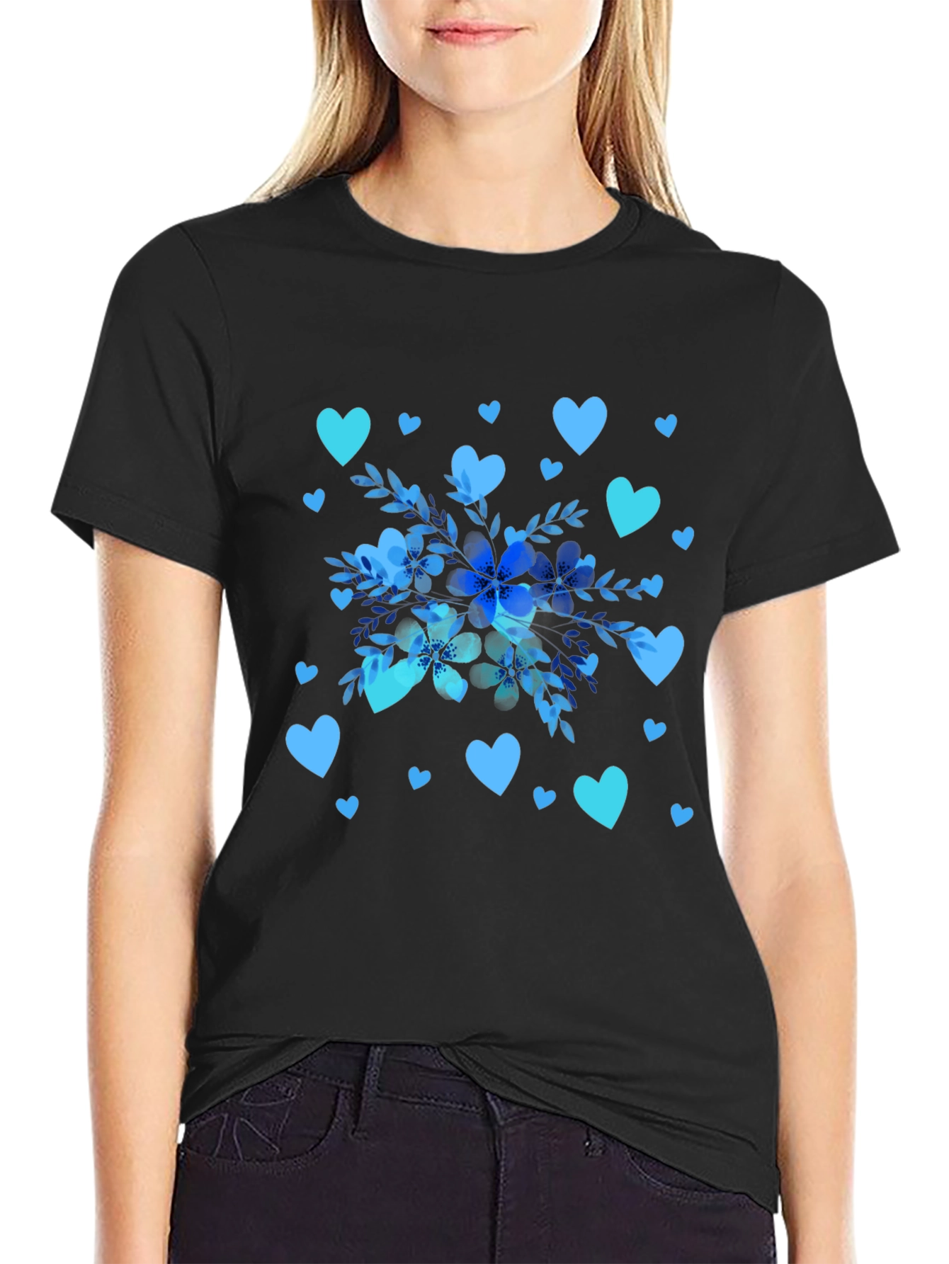 Floral Heart Print Black T-Shirt
