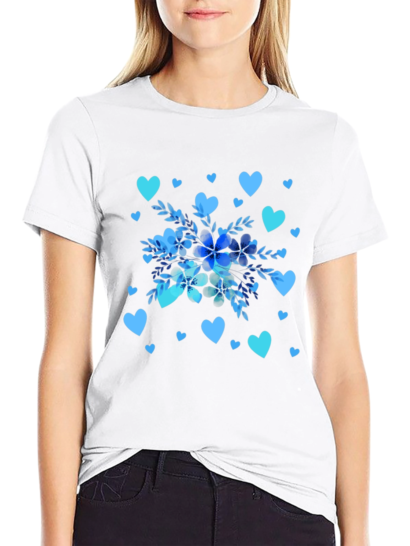 Floral Heart Print Black T-Shirt