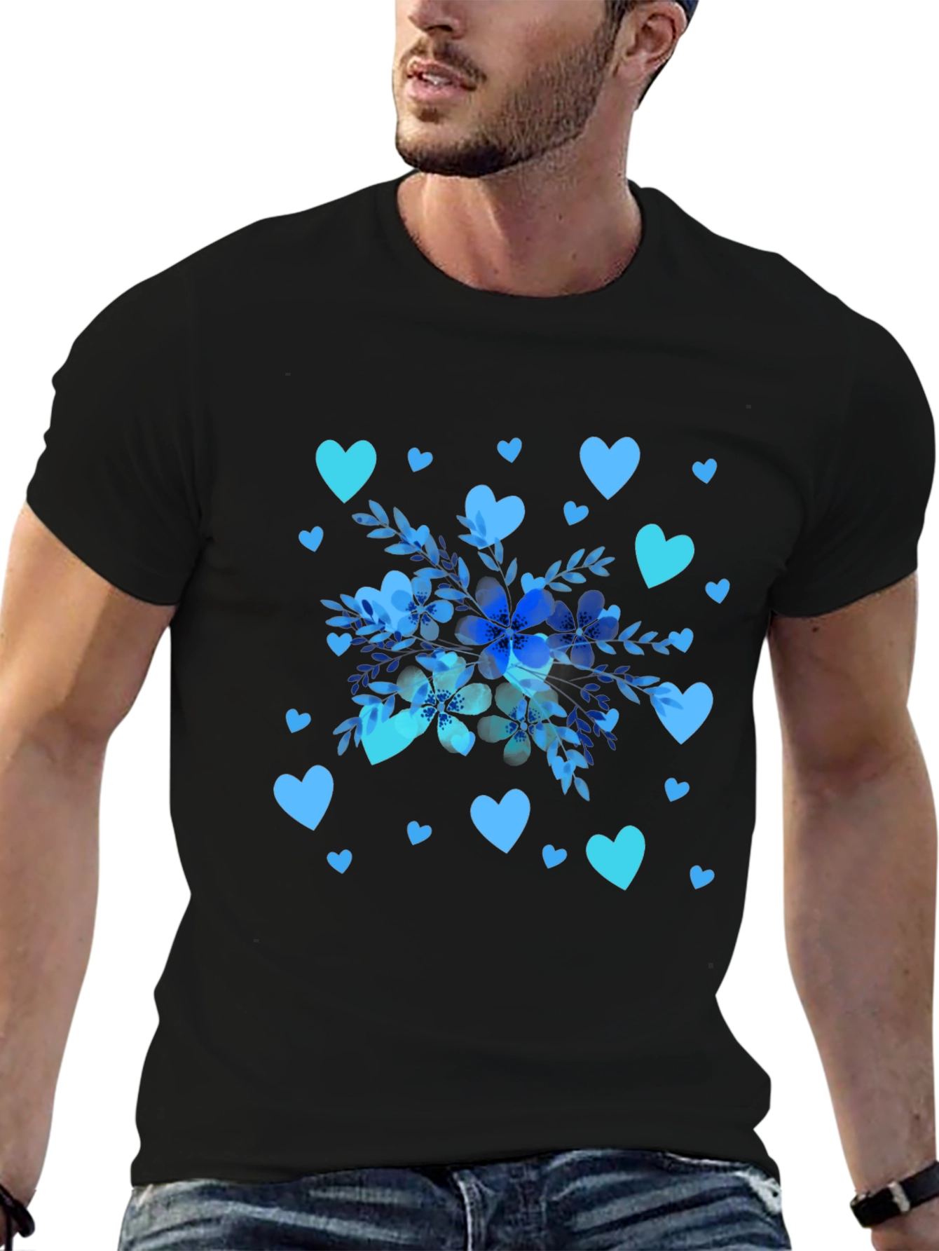 Floral Heart Print Black T-Shirt