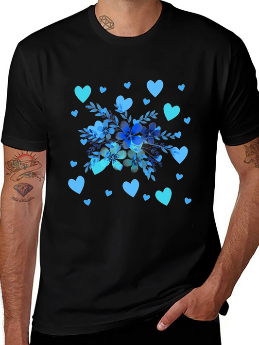 Floral Heart Print Black T-Shirt