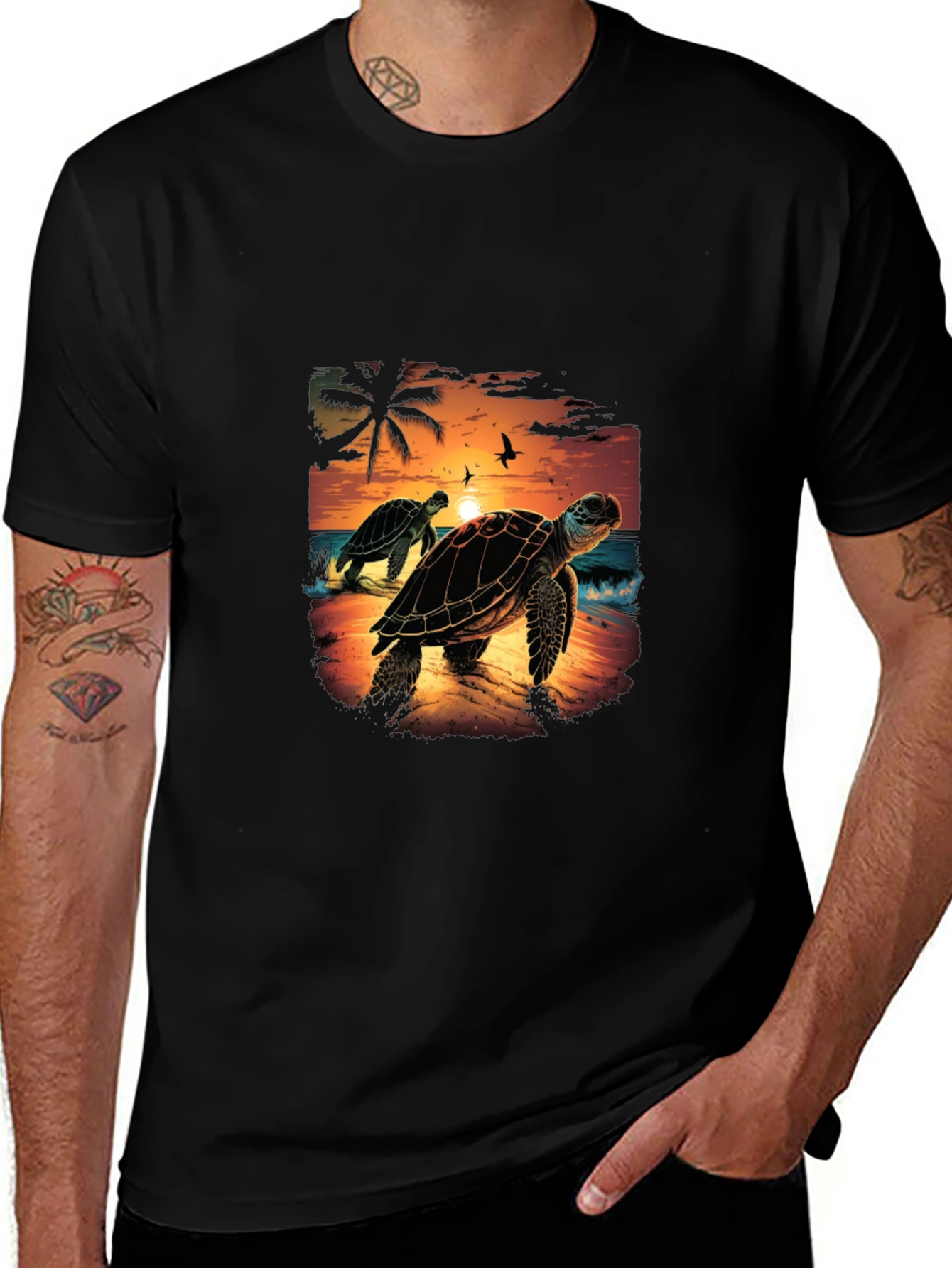 Sunset Turtle Graphic Tee - Black