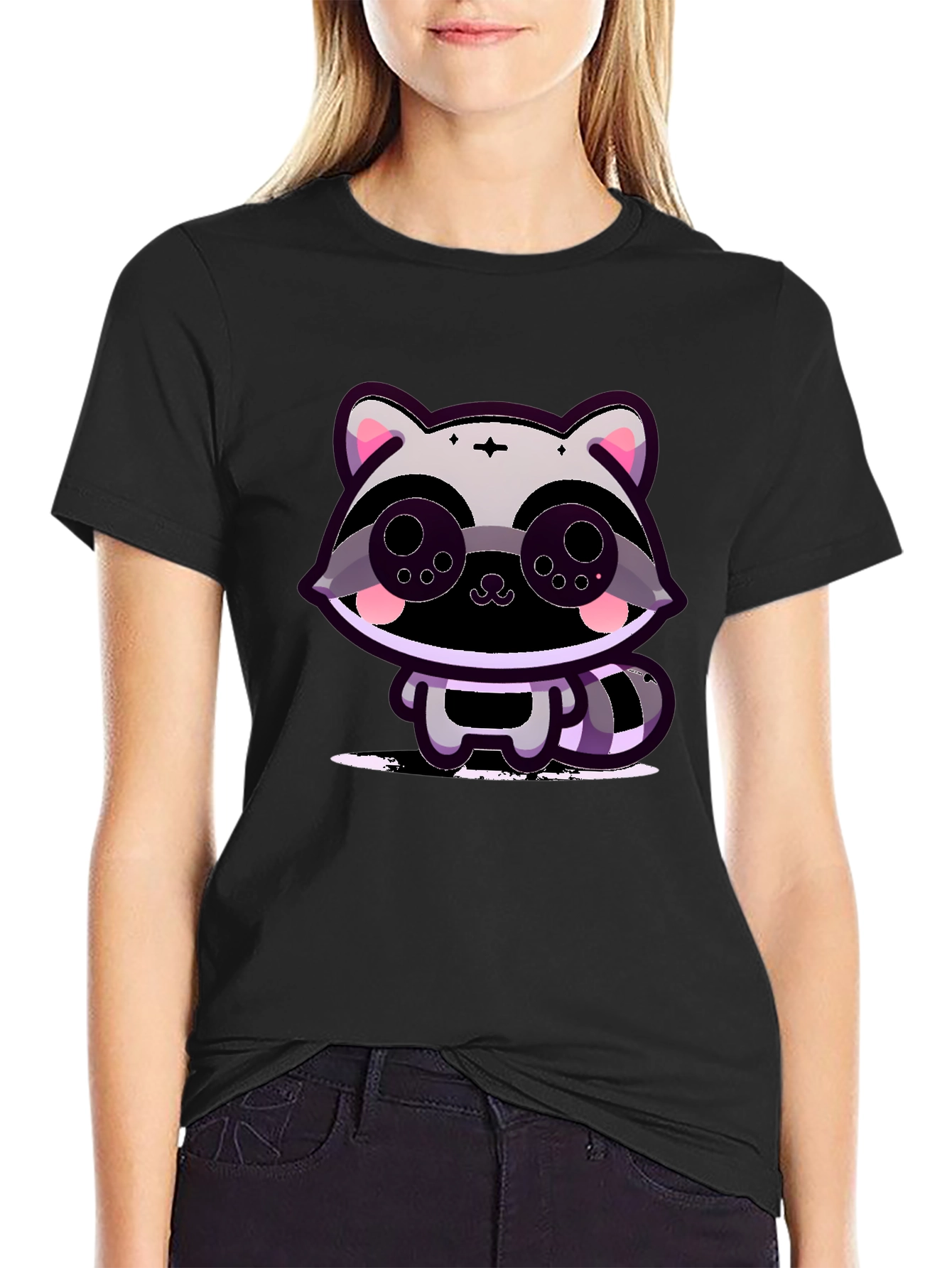 Cute Raccoon Graphic Tee - Black Cotton T-Shirt