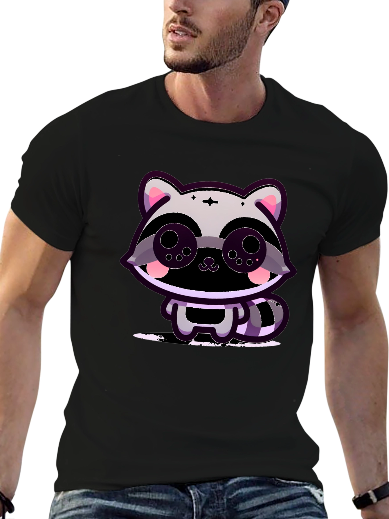 Cute Raccoon Graphic Tee - Black Cotton T-Shirt