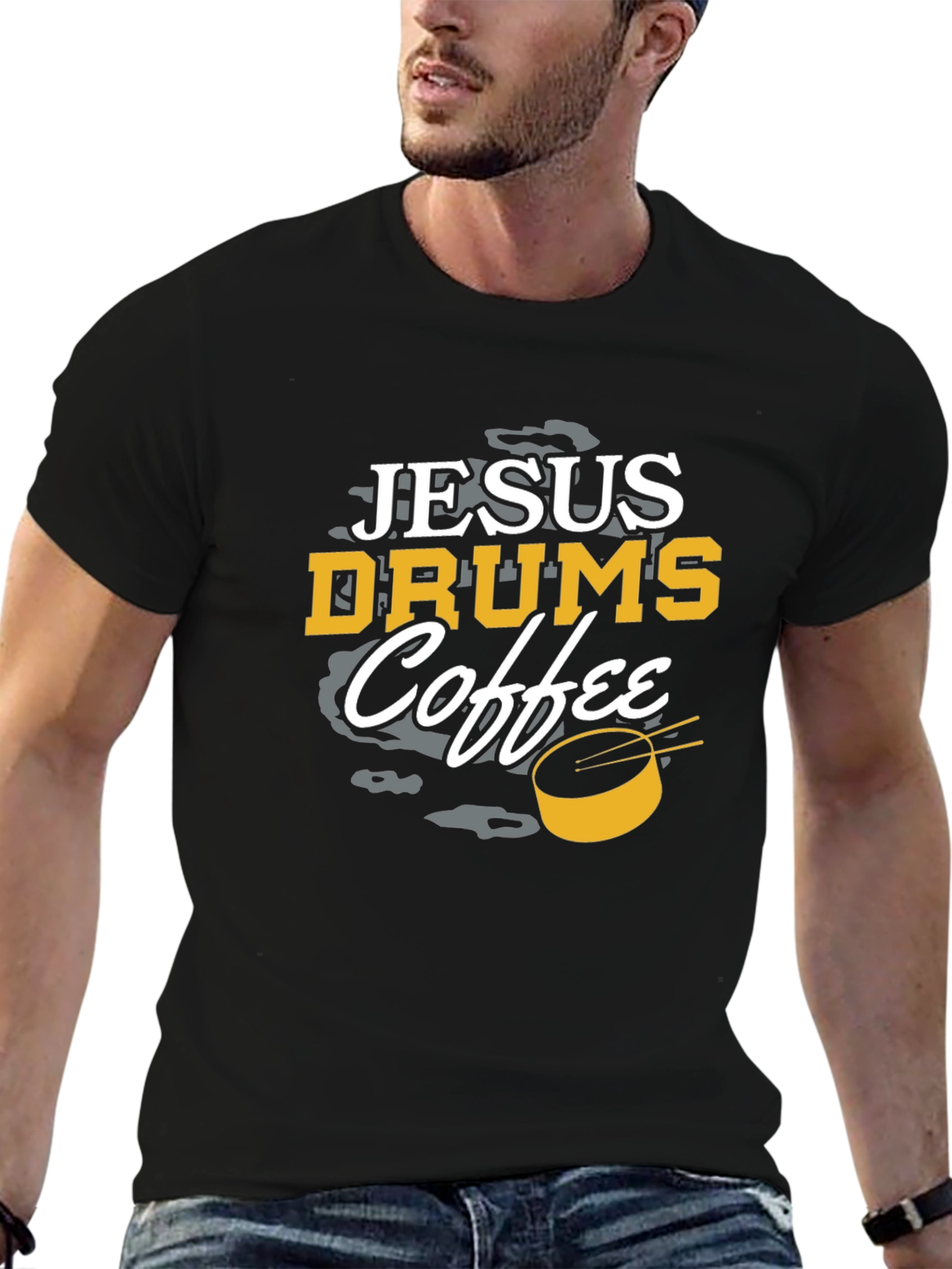 Jesus Drums Coffee Black Graphic Tee
