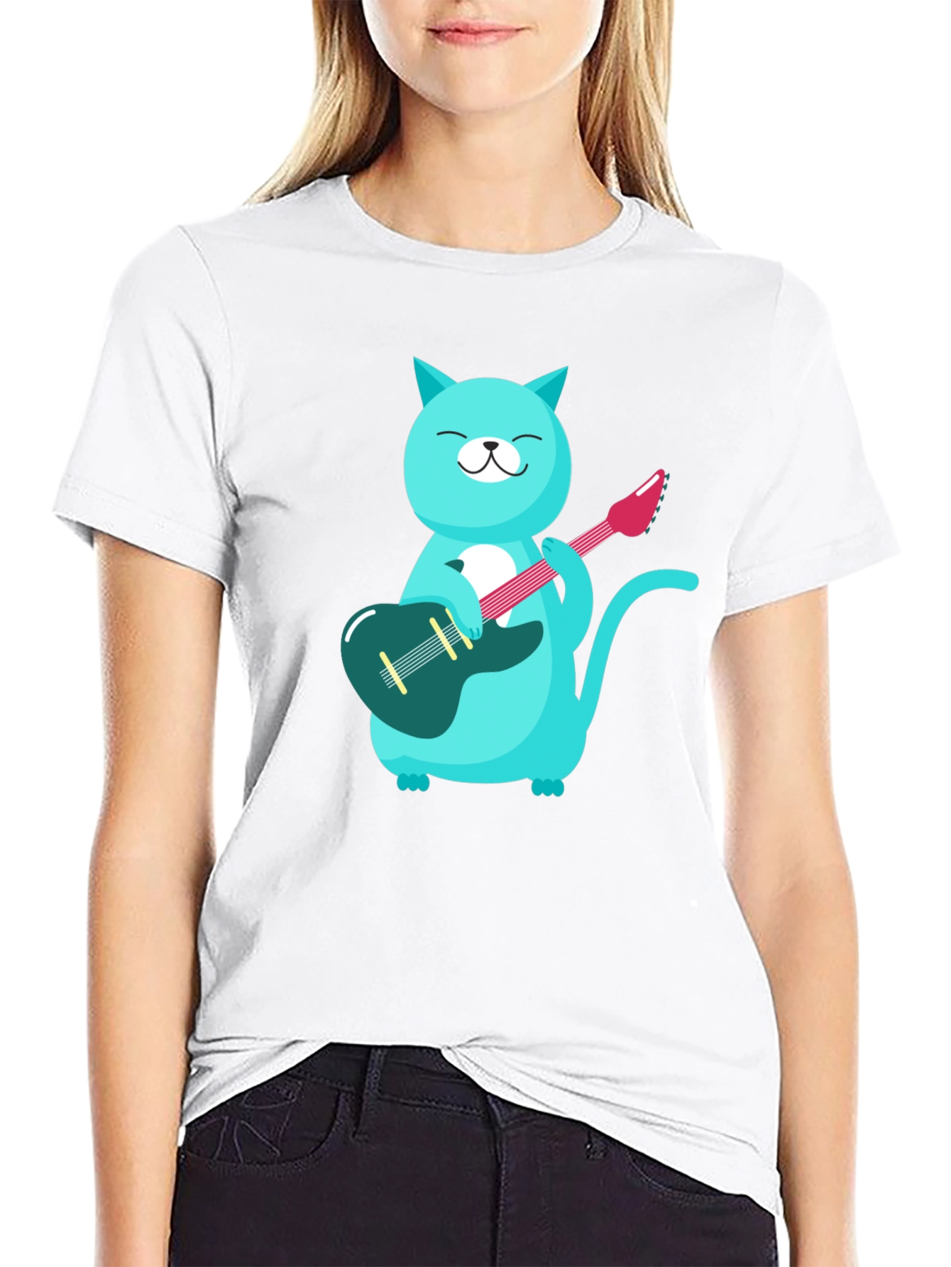 Cat Guitarist T-Shirt - Black Cotton Tee