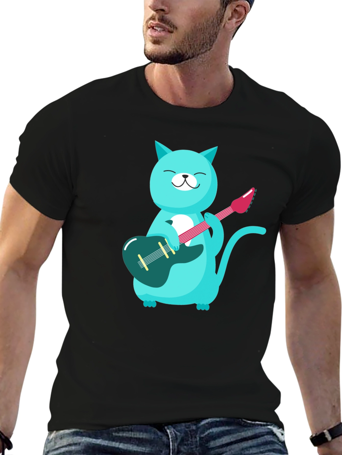 Cat Guitarist T-Shirt - Black Cotton Tee