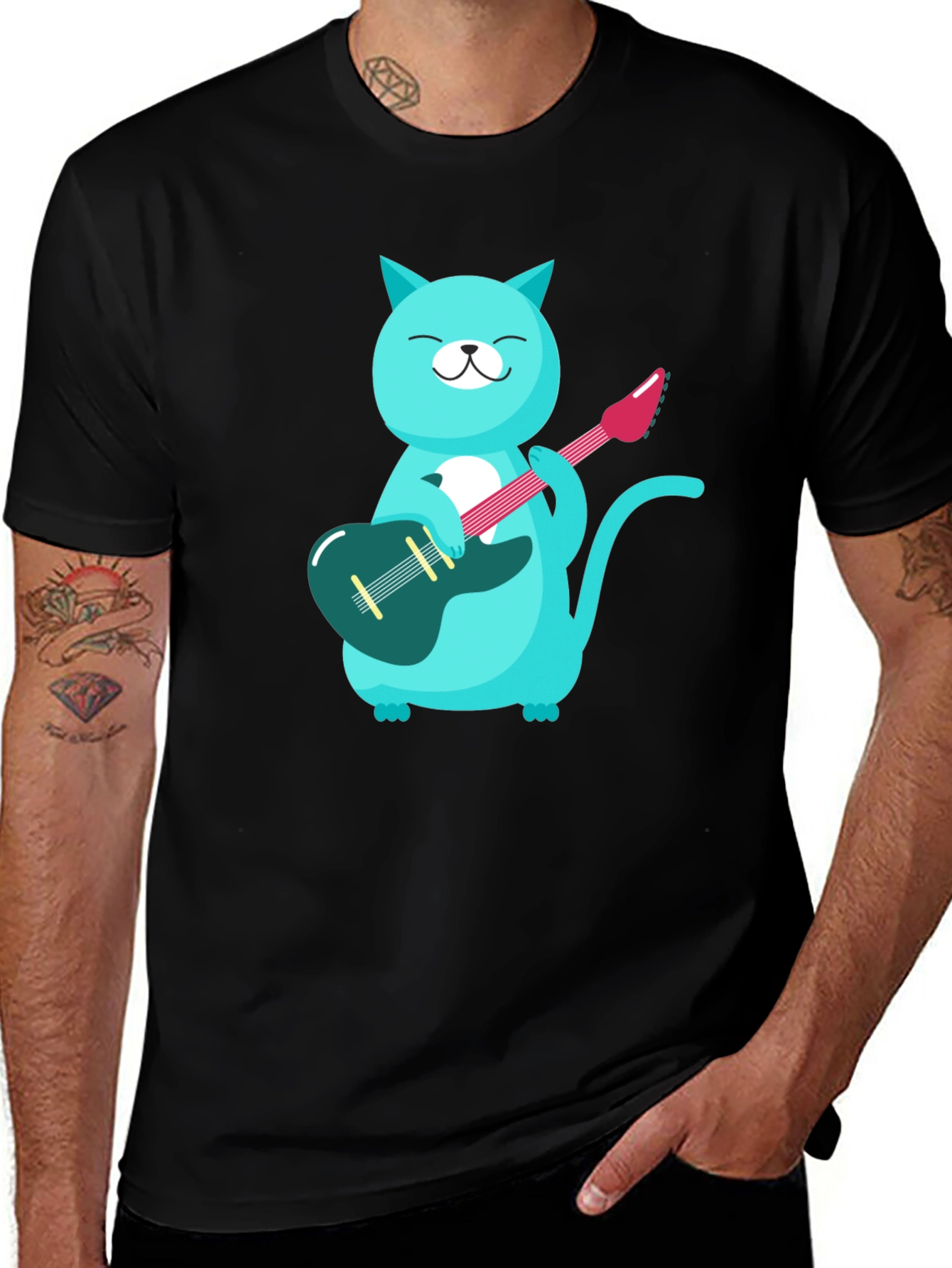 Cat Guitarist T-Shirt - Black Cotton Tee