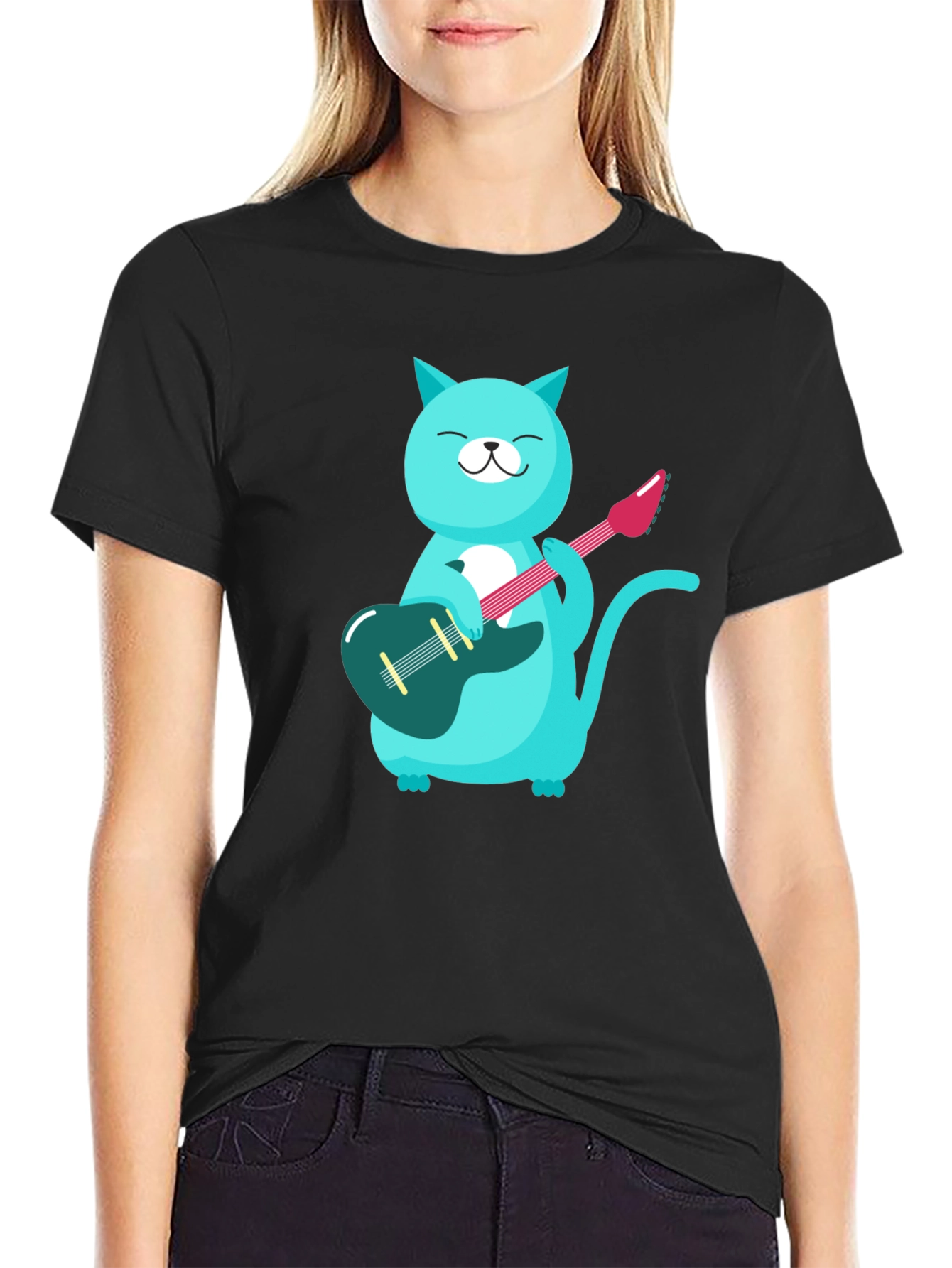 Cat Guitarist T-Shirt - Black Cotton Tee