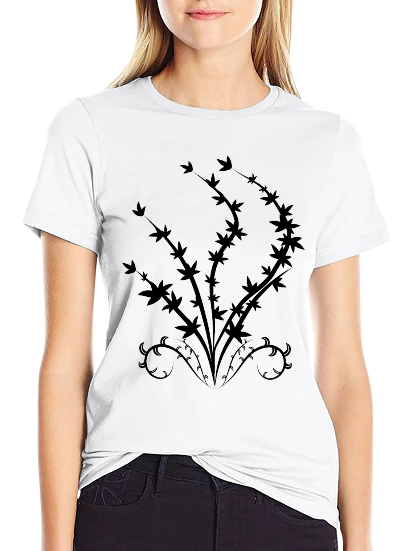 Black T-Shirt with Abstract Botanical Design