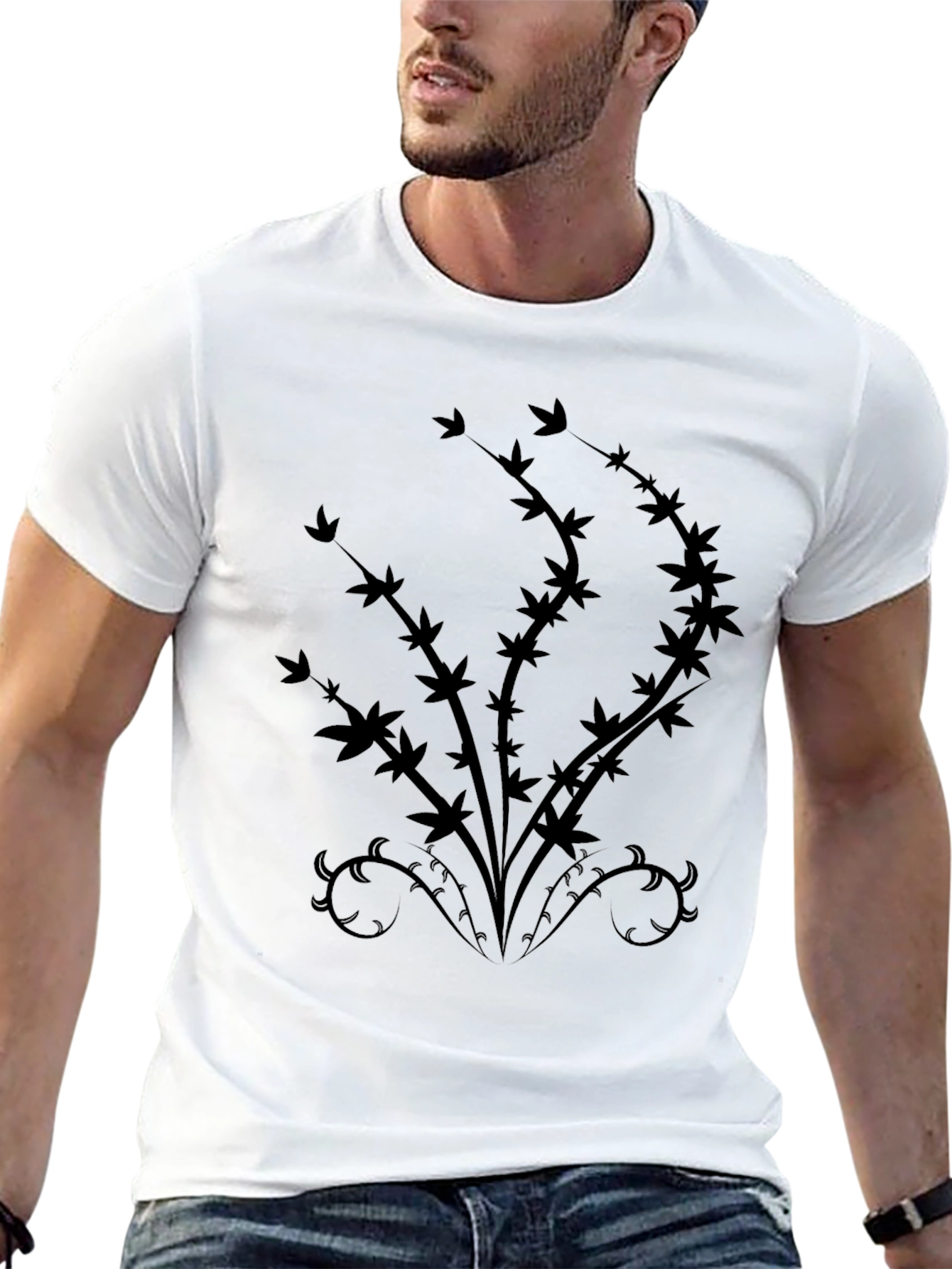 Black T-Shirt with Abstract Botanical Design