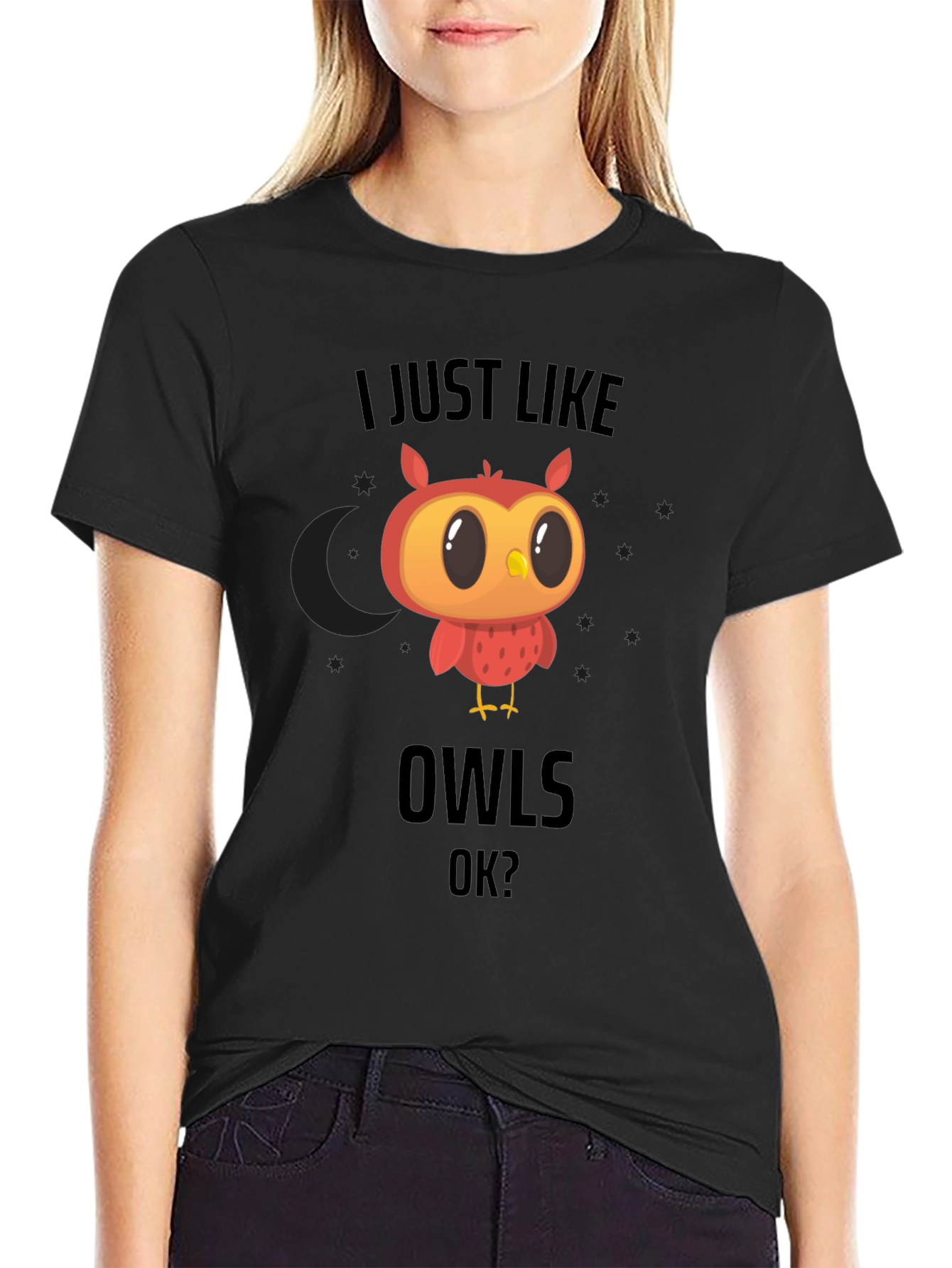 Cute Owl Graphic Black T-Shirt