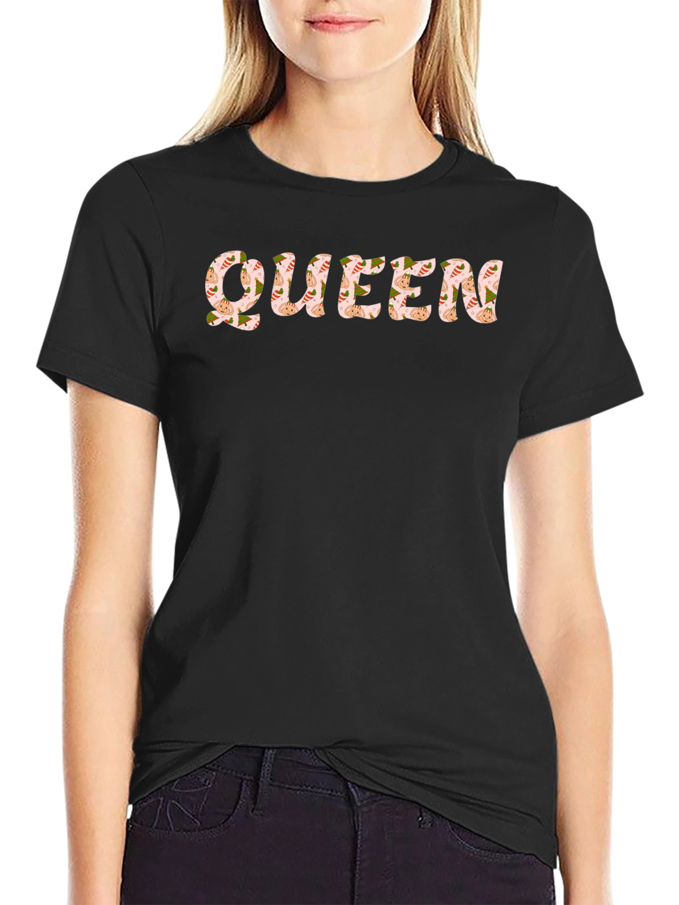 Queen Patterned T-Shirt - Black Crew Neck Tee