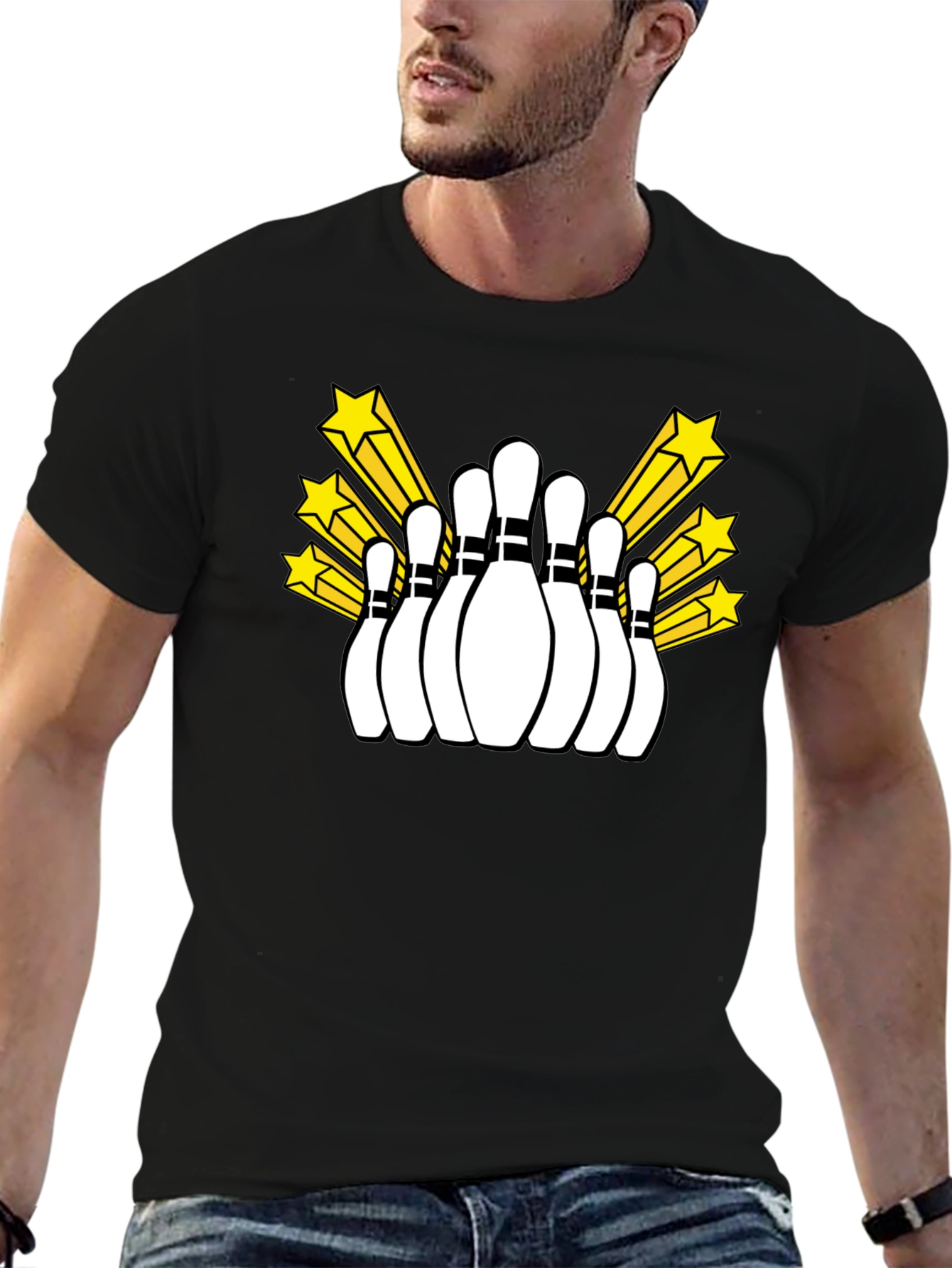 Bowling Pins and Stars Graphic Tee - Black T-Shirt