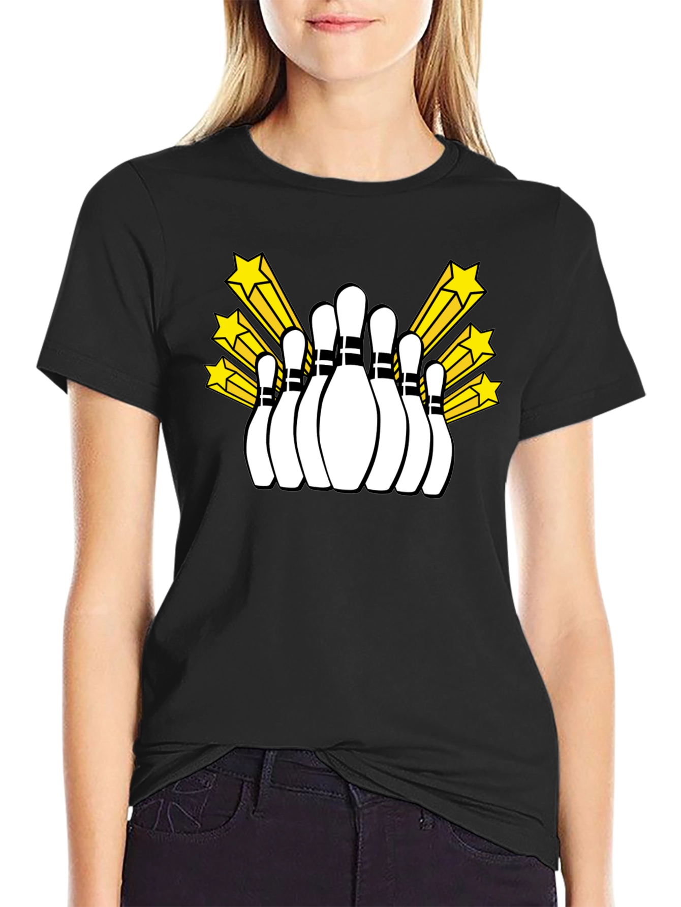 Bowling Pins and Stars Graphic Tee - Black T-Shirt
