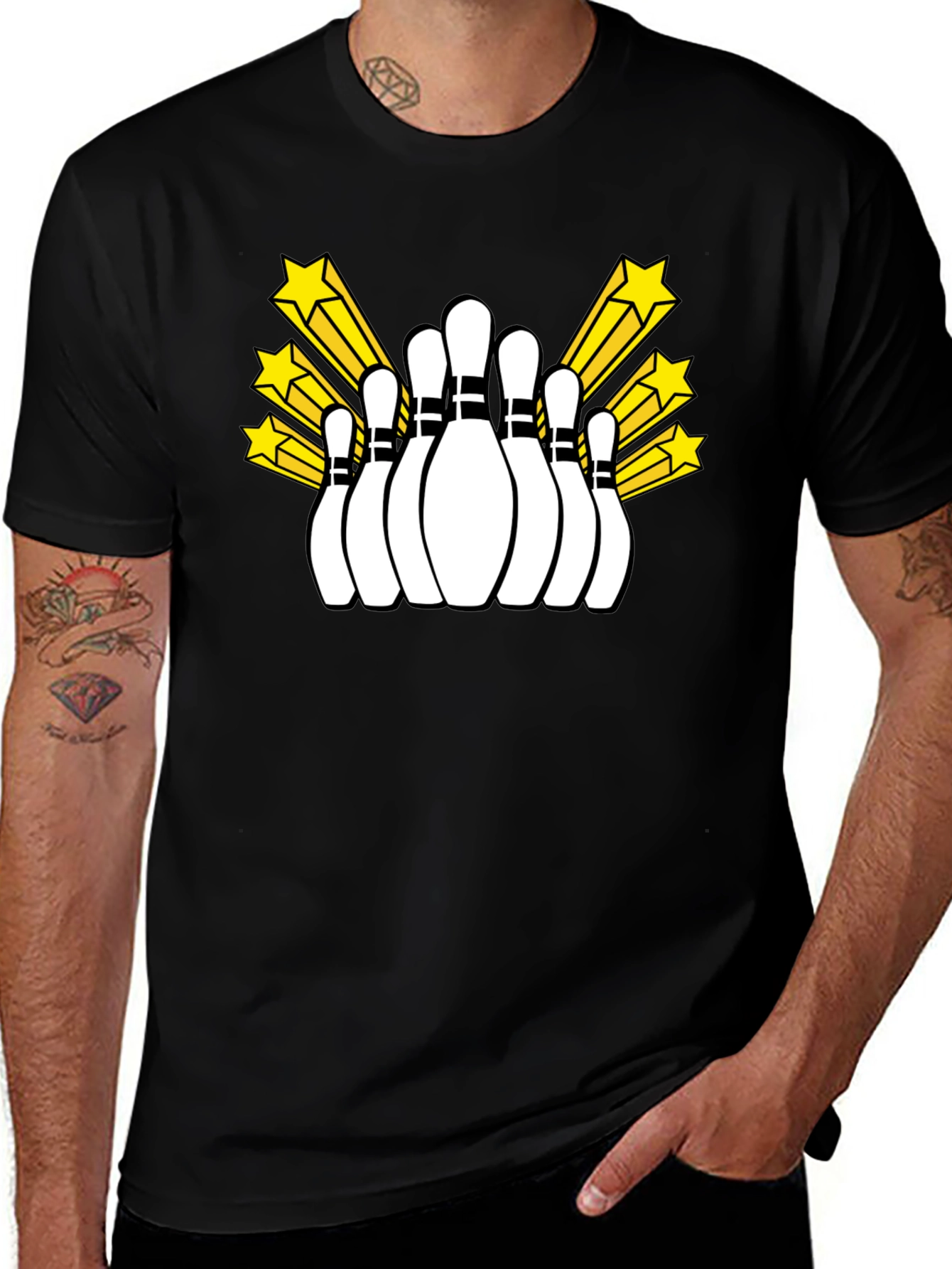 Bowling Pins and Stars Graphic Tee - Black T-Shirt