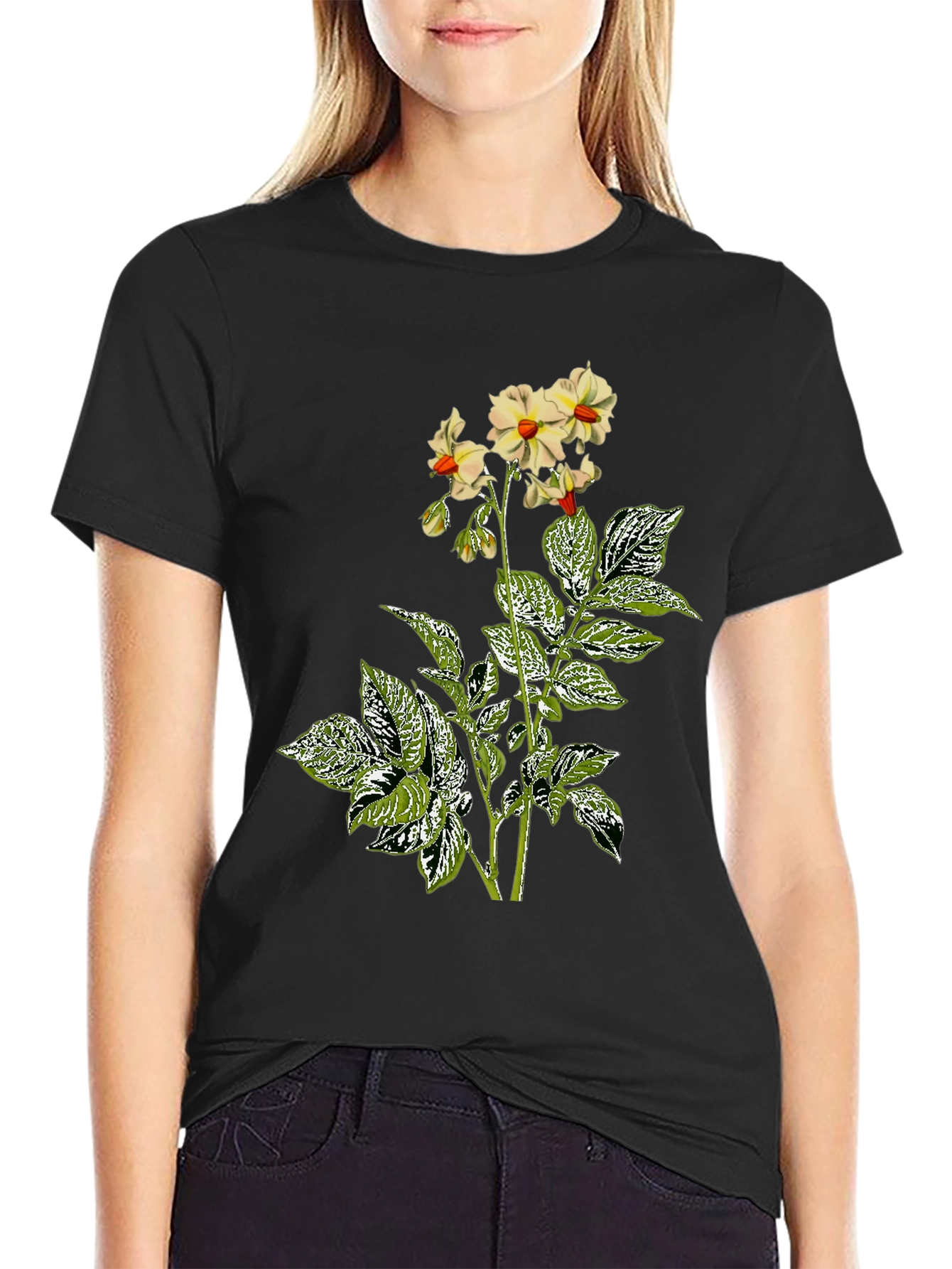 Floral Potato Plant Graphic Tee - Black