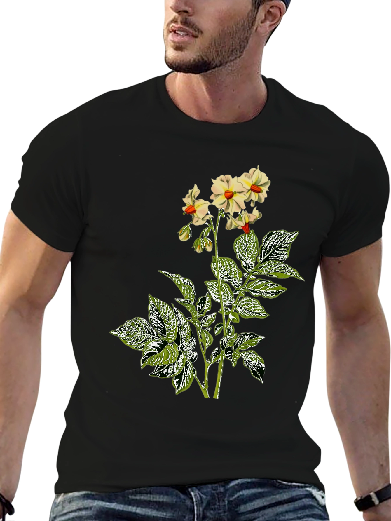 Floral Potato Plant Graphic Tee - Black
