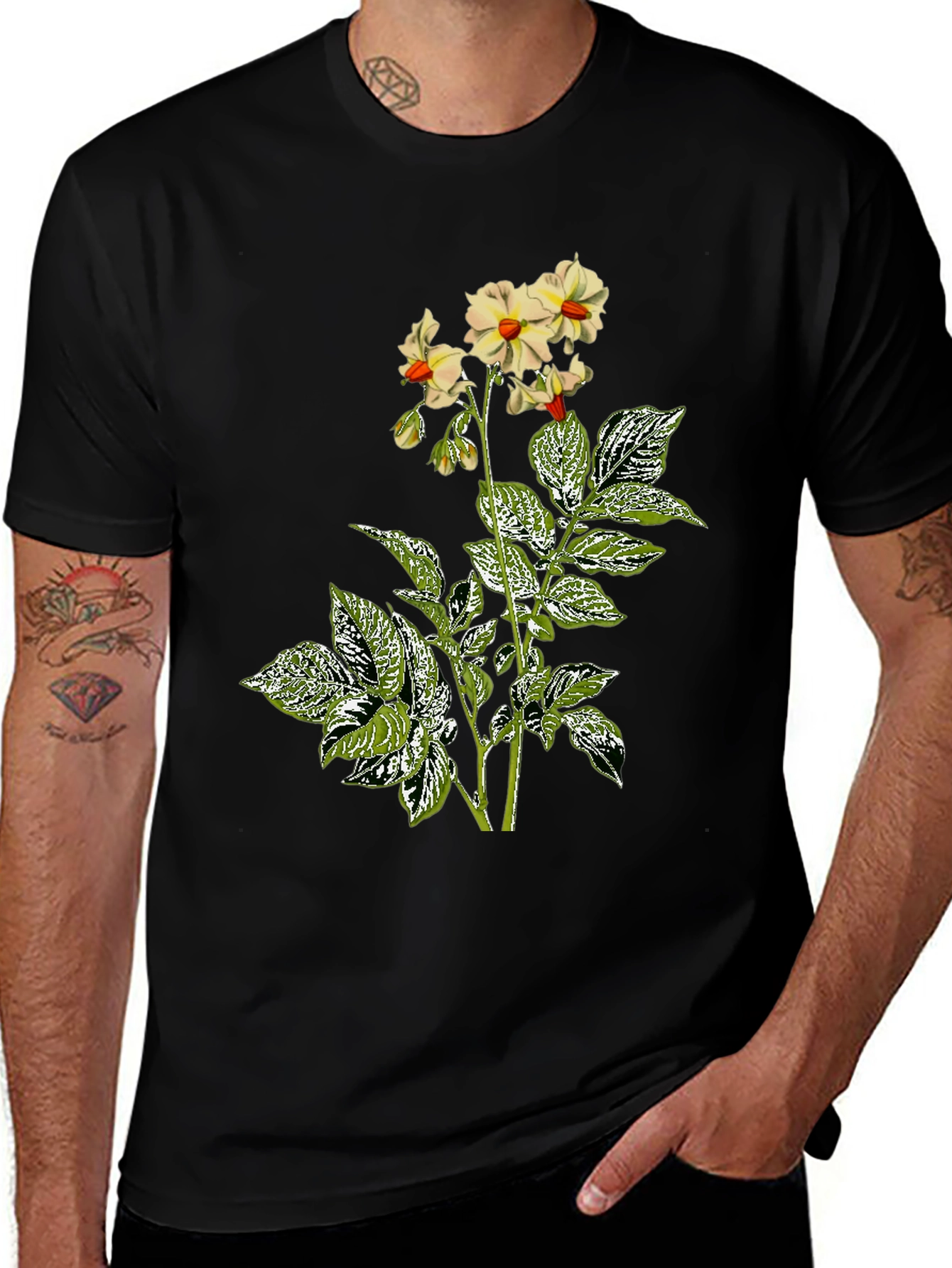 Floral Potato Plant Graphic Tee - Black