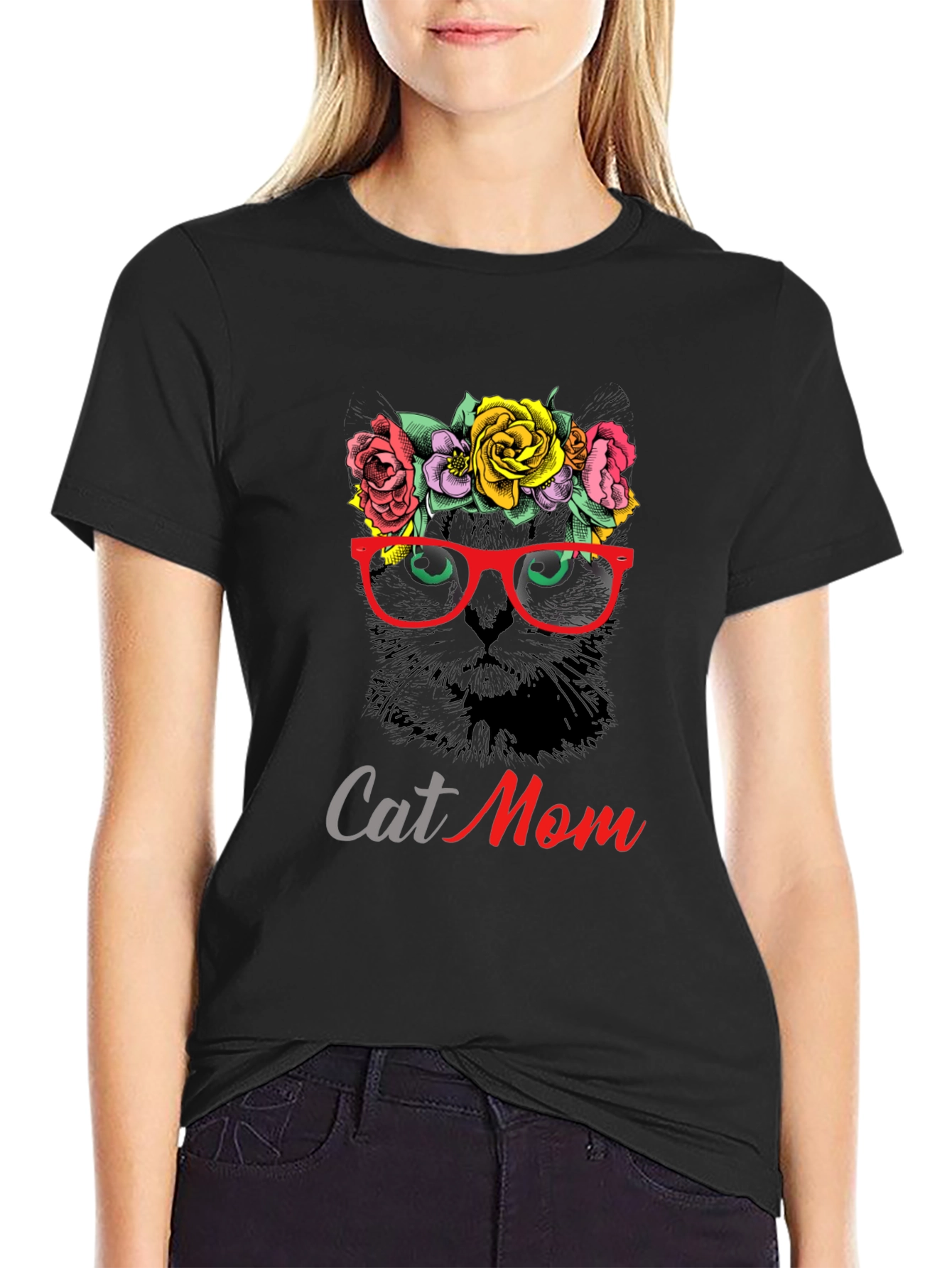Cat Mom T-Shirt: Floral Cat with Glasses