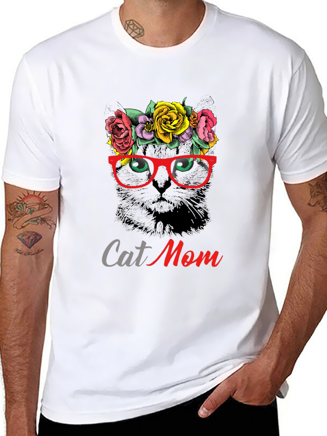 Cat Mom T-Shirt: Floral Cat with Glasses