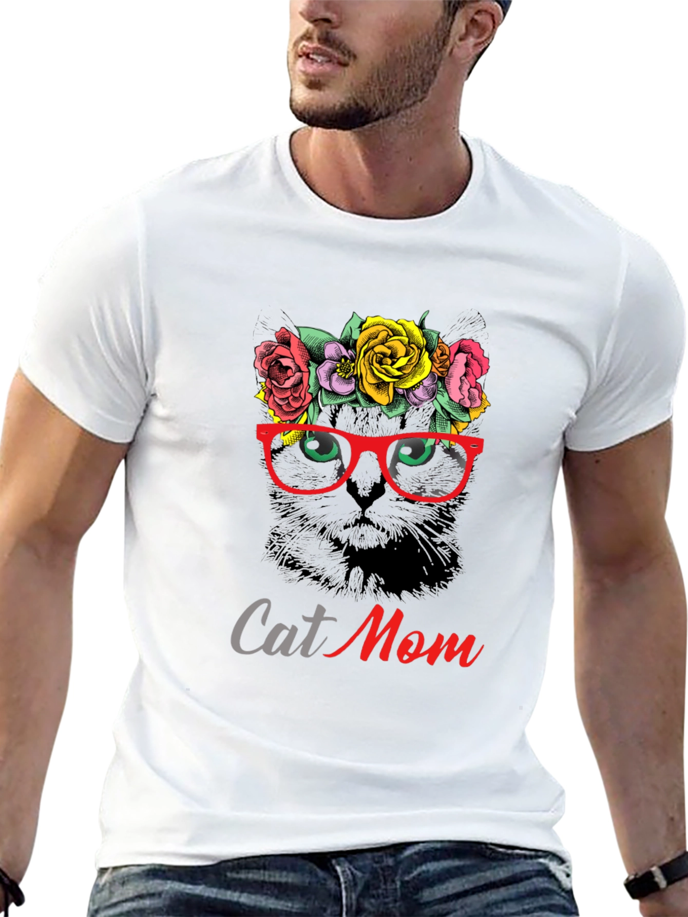 Cat Mom T-Shirt: Floral Cat with Glasses