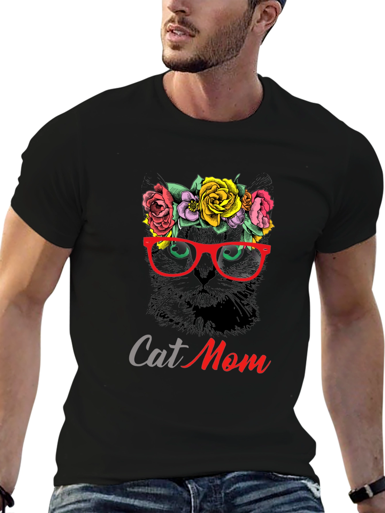 Cat Mom T-Shirt: Floral Cat with Glasses