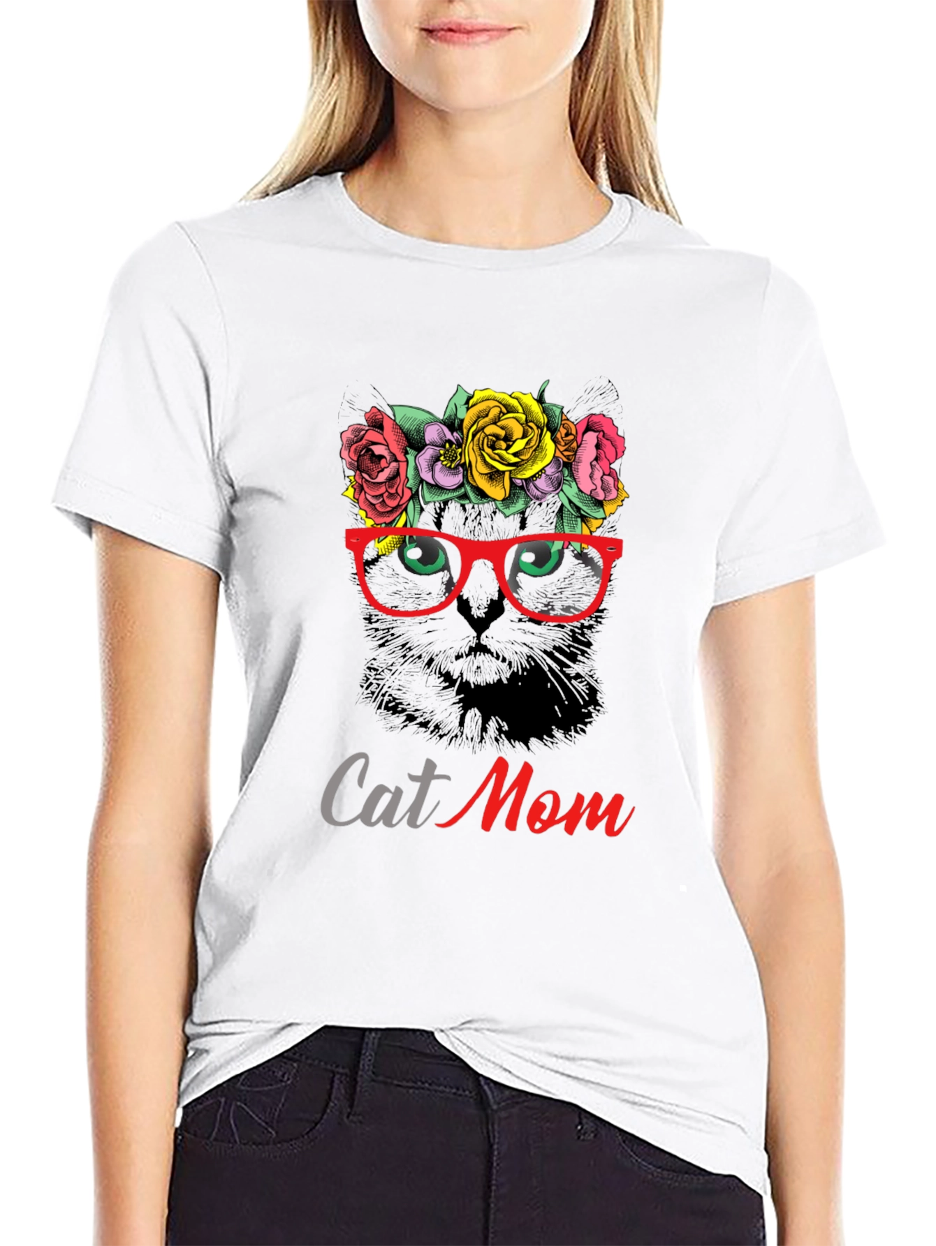 Cat Mom T-Shirt: Floral Cat with Glasses