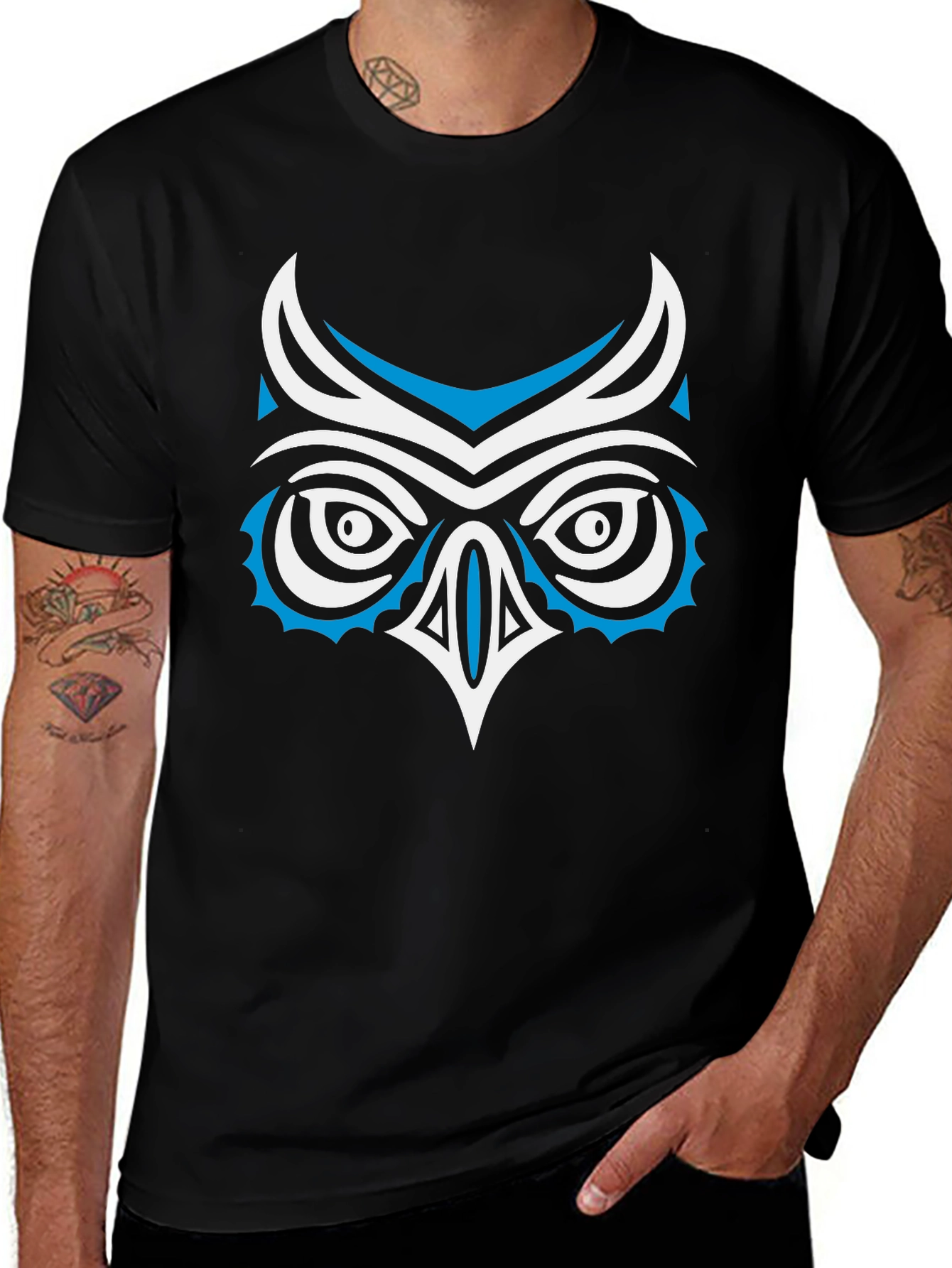Stylized Owl Graphic Print Black T-Shirt