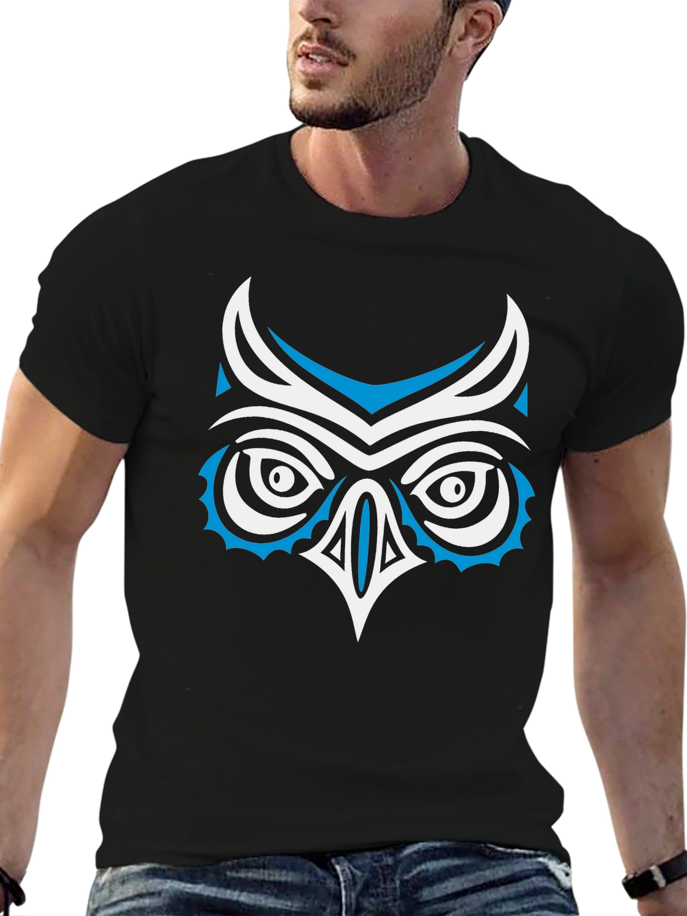 Stylized Owl Graphic Print Black T-Shirt