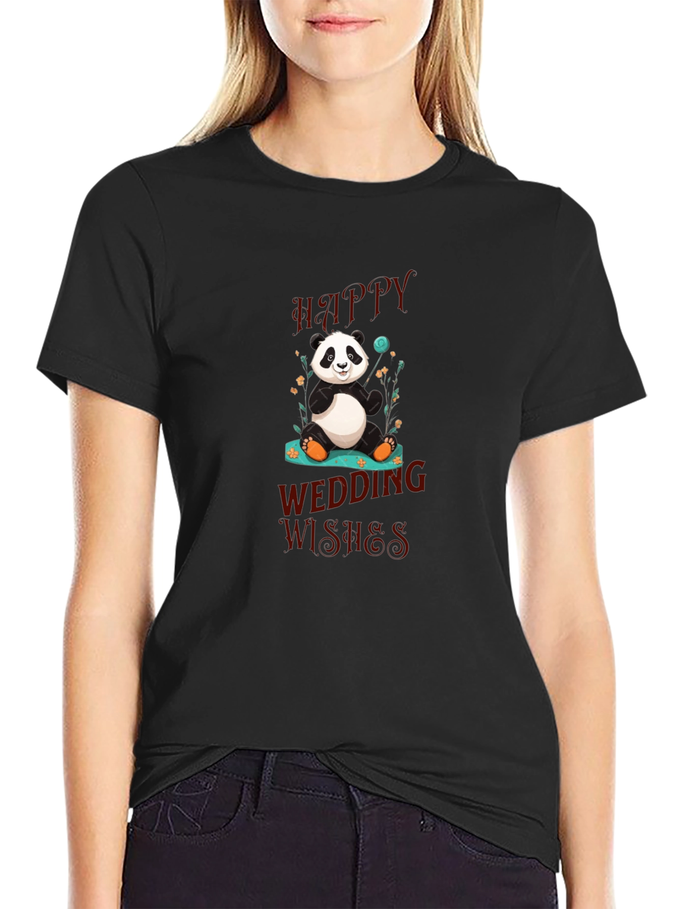 Panda Happy Wedding Wishes Black T-Shirt