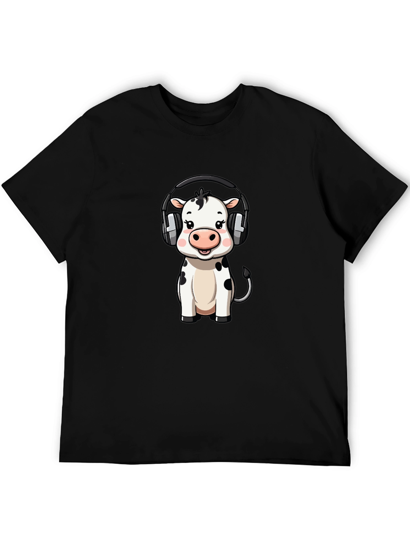 Cute Cow with Headphones Graphic Tee - Black Cotton