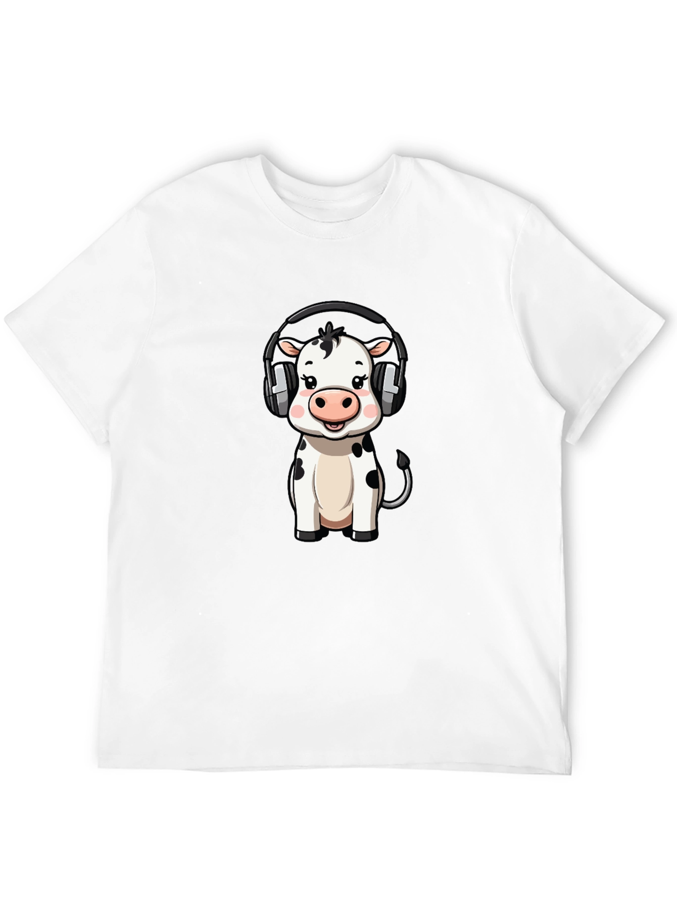Cute Cow with Headphones Graphic Tee - Black Cotton