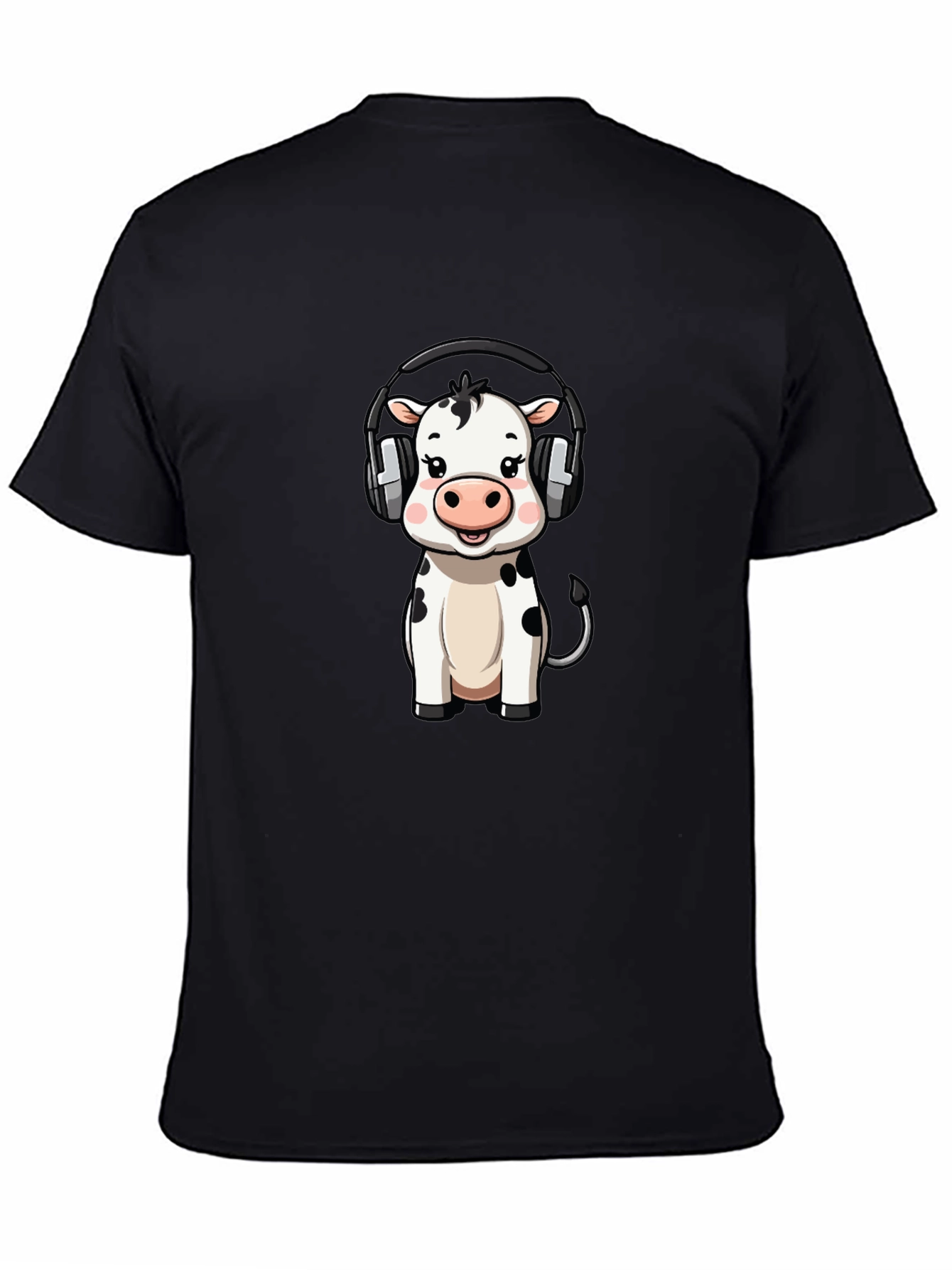 Cute Cow with Headphones Graphic Tee - Black Cotton